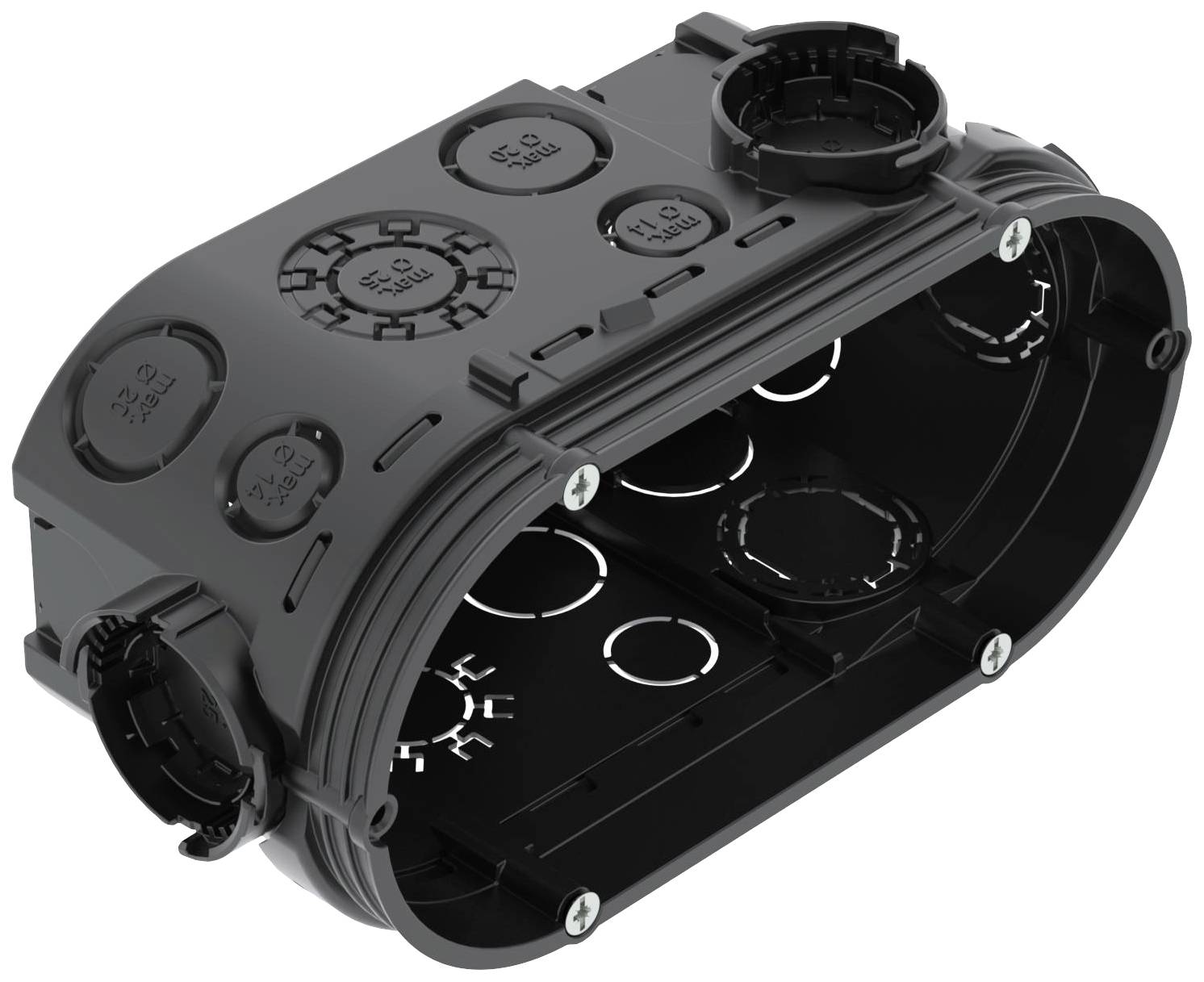 Black plastic junction box with multiple round openings and screw holes for electrical wiring.