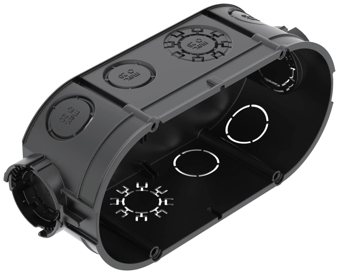 Black oval electrical installation box with six round cutouts on the sides and two on the underside, suitable for wall mounting.