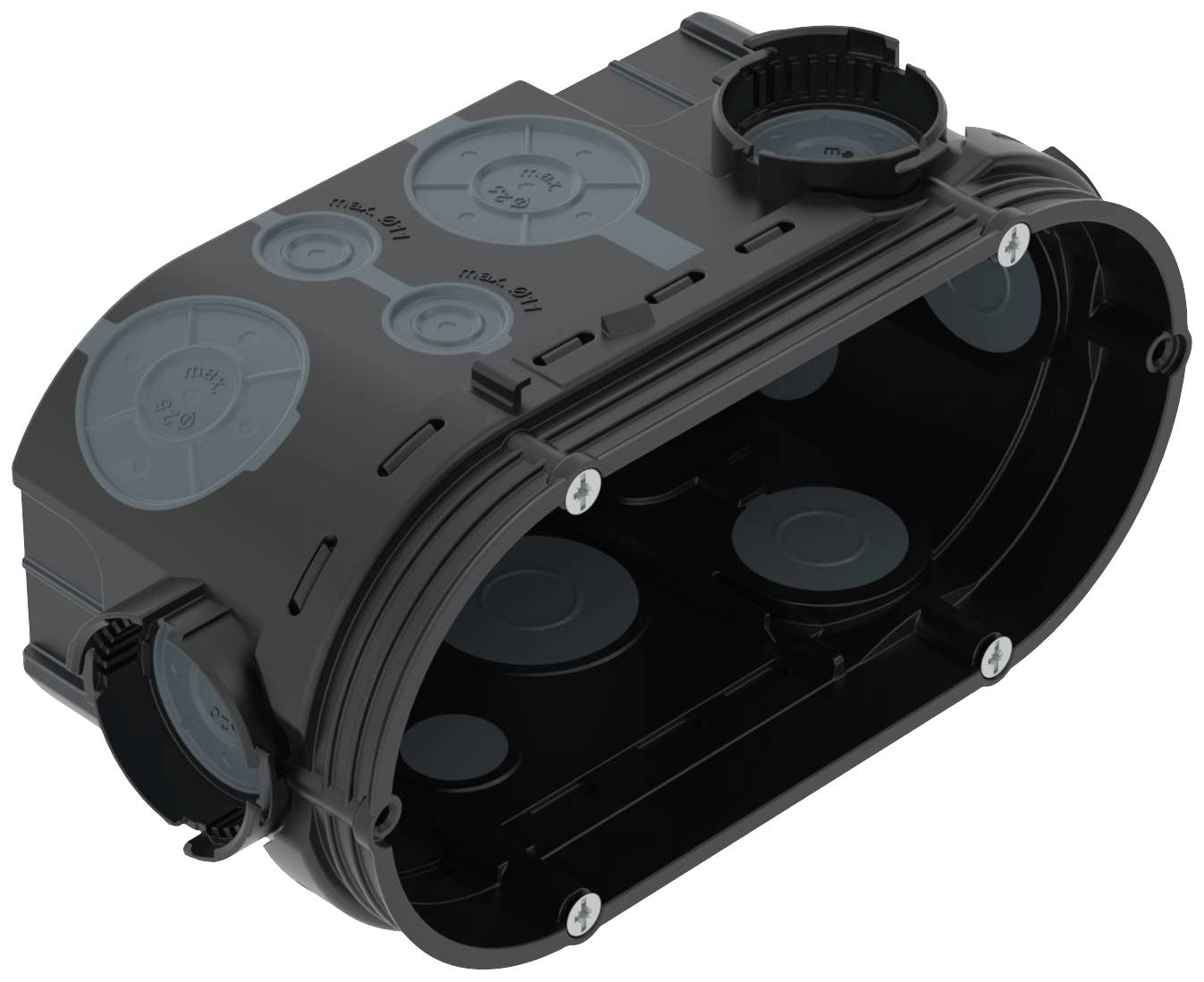 Oval black plastic container with multiple round openings and screw holes on the sides, potentially for cable installation.