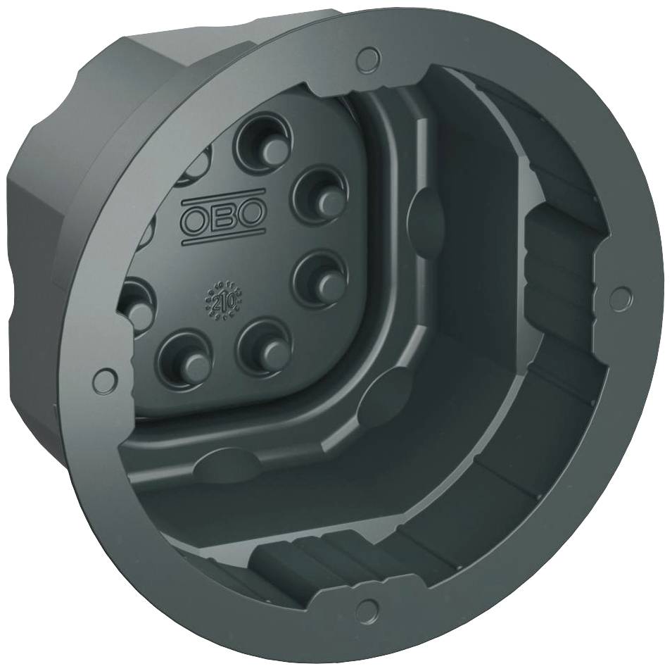 A round, grey flush-mounting electrical box with multiple holes for cable entries and the embossed 'OBO' logo.