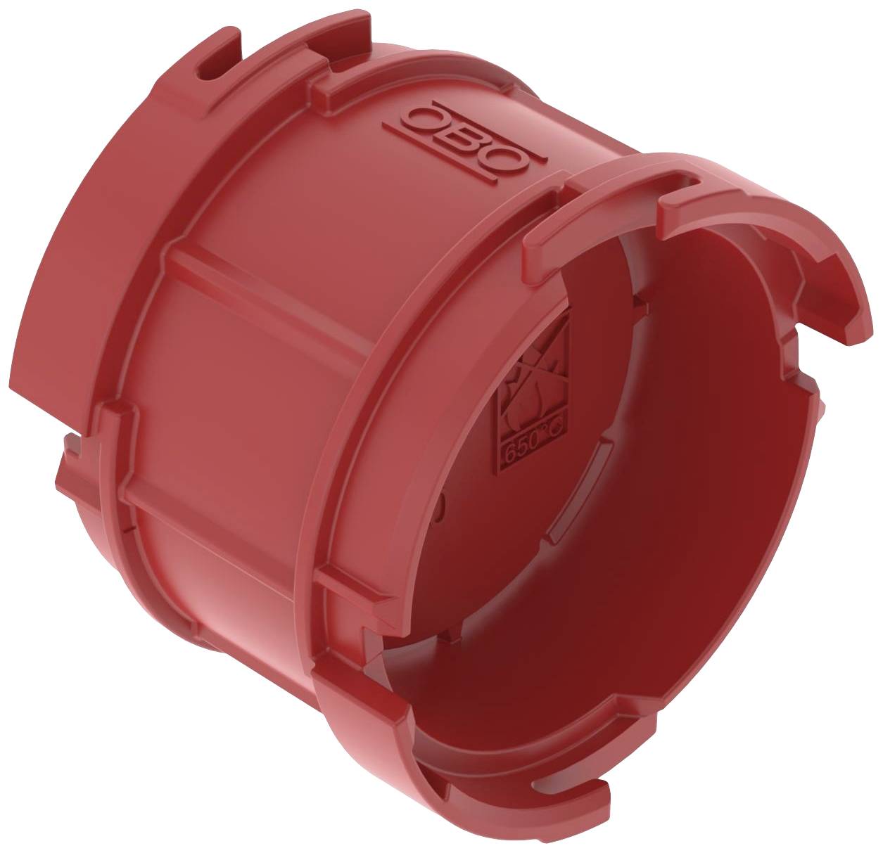 Red, cylindrical plastic adapter with side clips, used for connecting components, shown against a white background.