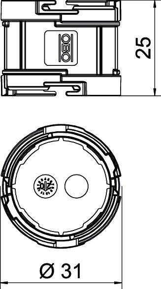 Drawing of two electrical components. Side and top view with dimensions: 25 mm height, 31 mm diameter. Components visible.