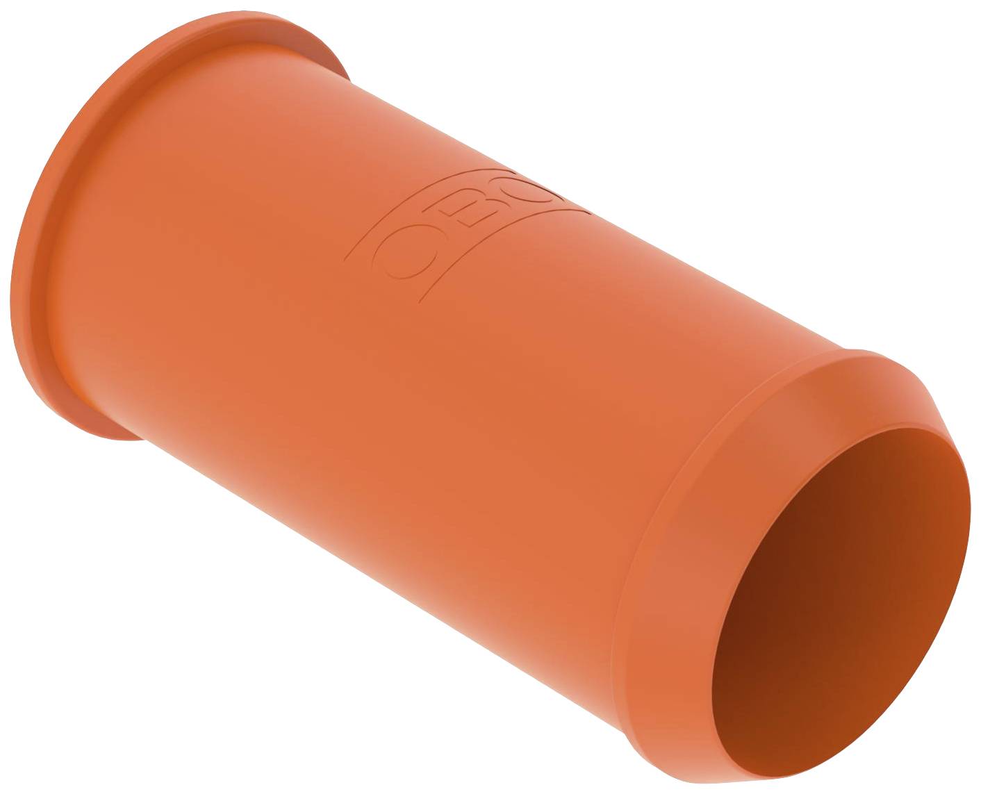 An orange plastic pipe, cylindrically shaped, lies at an angle. It is smooth and plain.