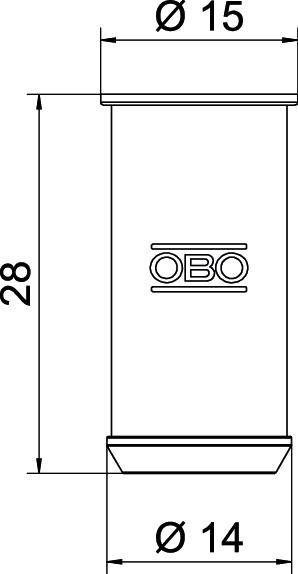 Technical drawing of a cylindrical object with the inscription 'OBO'. Diameter at top 15 mm, bottom 14 mm, height 28 mm.