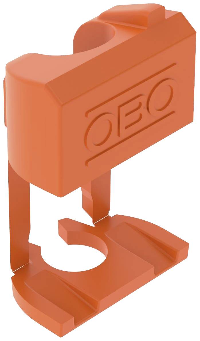 An orange plastic clip with the 'OBO' lettering, used for fastening pipes or cables.