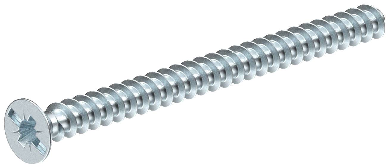 Metal screw with cross-head, cylindrical shaft, silver-coloured.