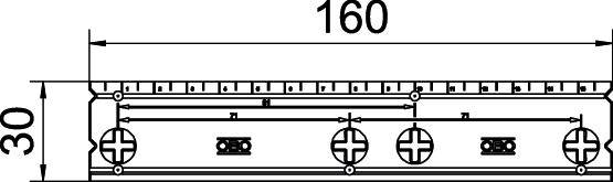 Technical drawing of a rectangular component with dimensions of 160 mm length and 30 mm height, showing multiple mounting points.