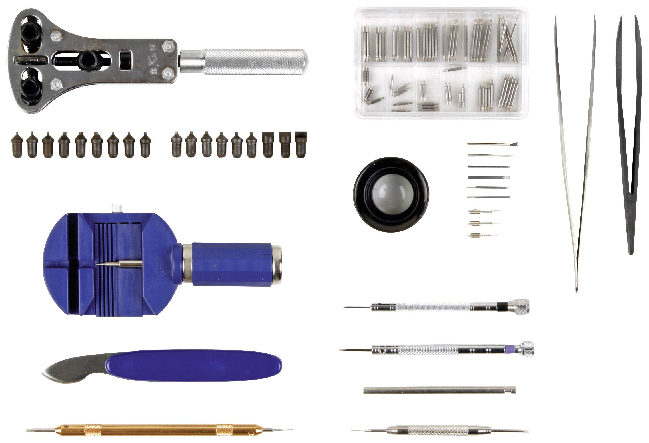 'Watchmaker's tool set with case opener, mainspring bar tool, tweezers, smaller screws and pins, suitable for repairs.'