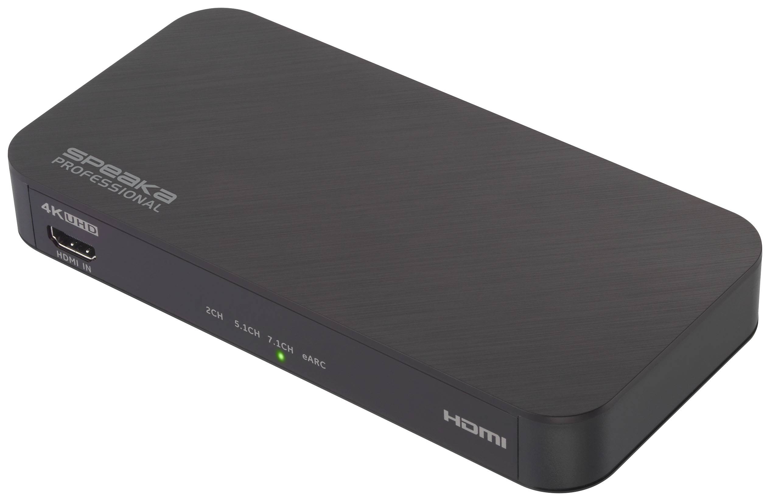 Compact black HDMI switcher by 'SPEAKA PROFESSIONAL' with multiple ports, supporting 4K UHD.