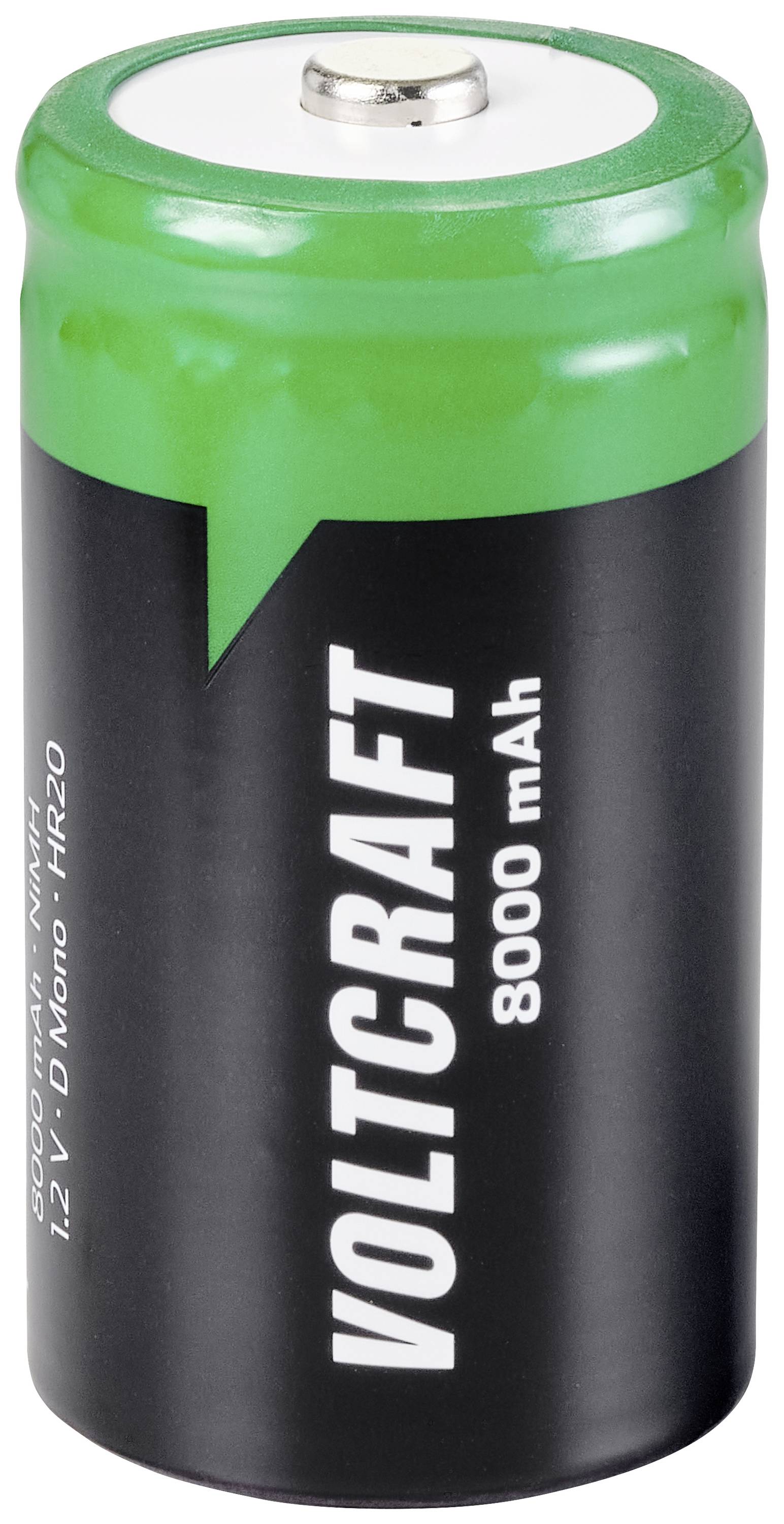 Green and black battery with 'VOLTCRAFT 8000 mAh' text, 1.2 V D Mono size, suitable for various devices.