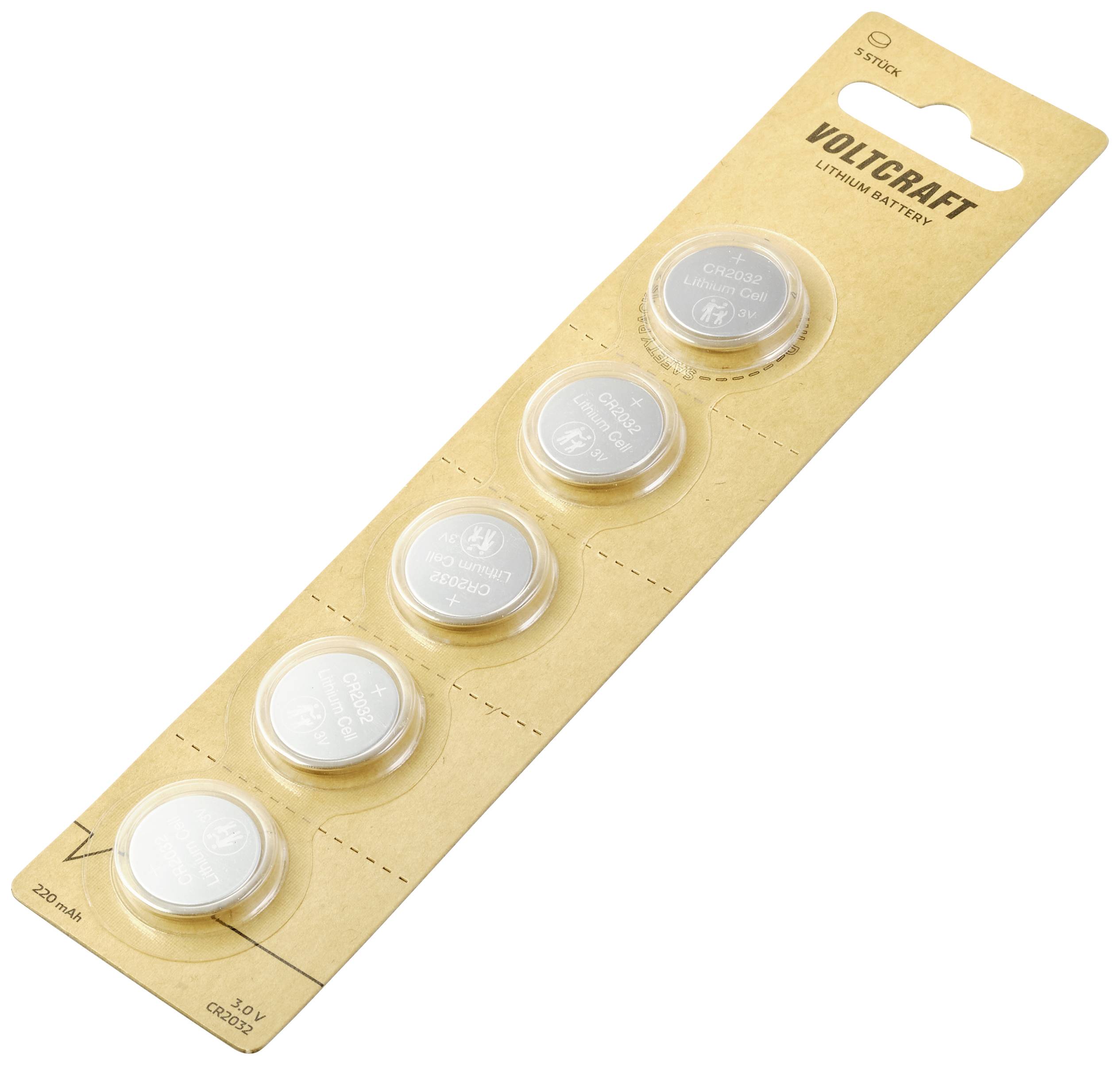 Package of five 'Voltcraft' button cell batteries, type CR2450, voltage 3V, 620 mAh. Packaging made of brown cardboard with viewing window.