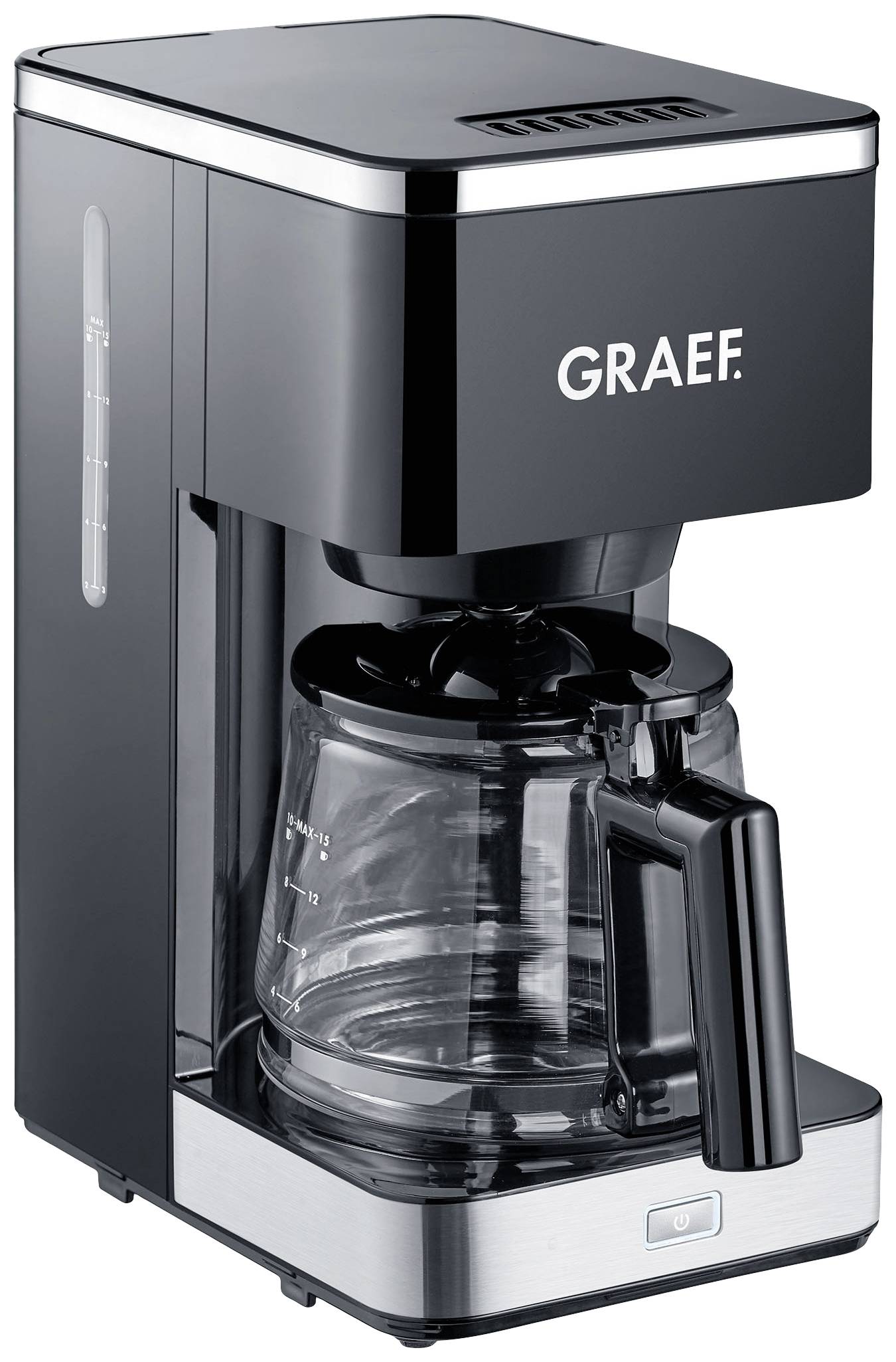 Stainless steel coffee machine with glass carafe, black design and controls on the top. 'Graef' brand name on the front.