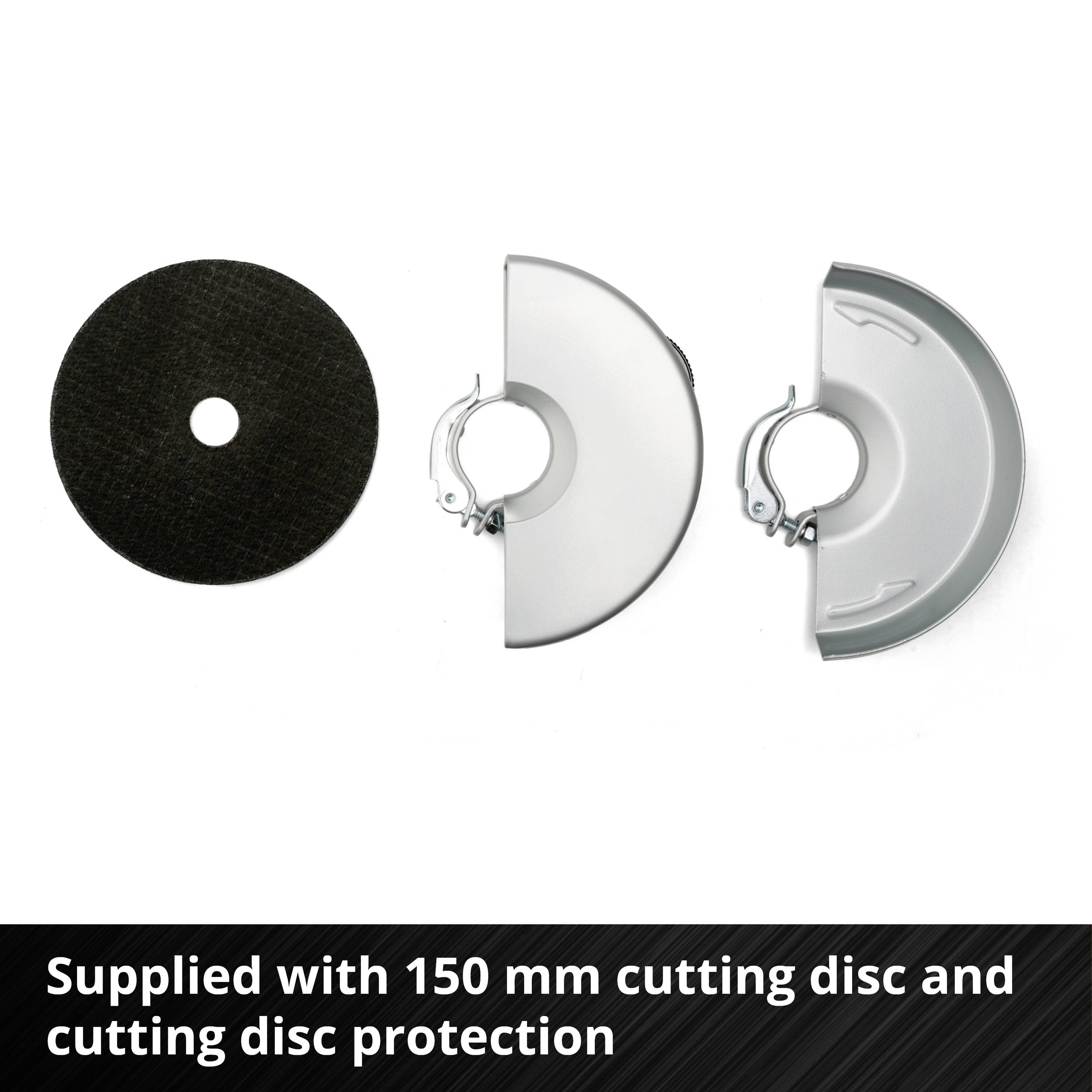 'Delivery includes 150 mm cutting disc and cutting disc guard' shows a cutting disc on the left and a cutting disc guard on the right.