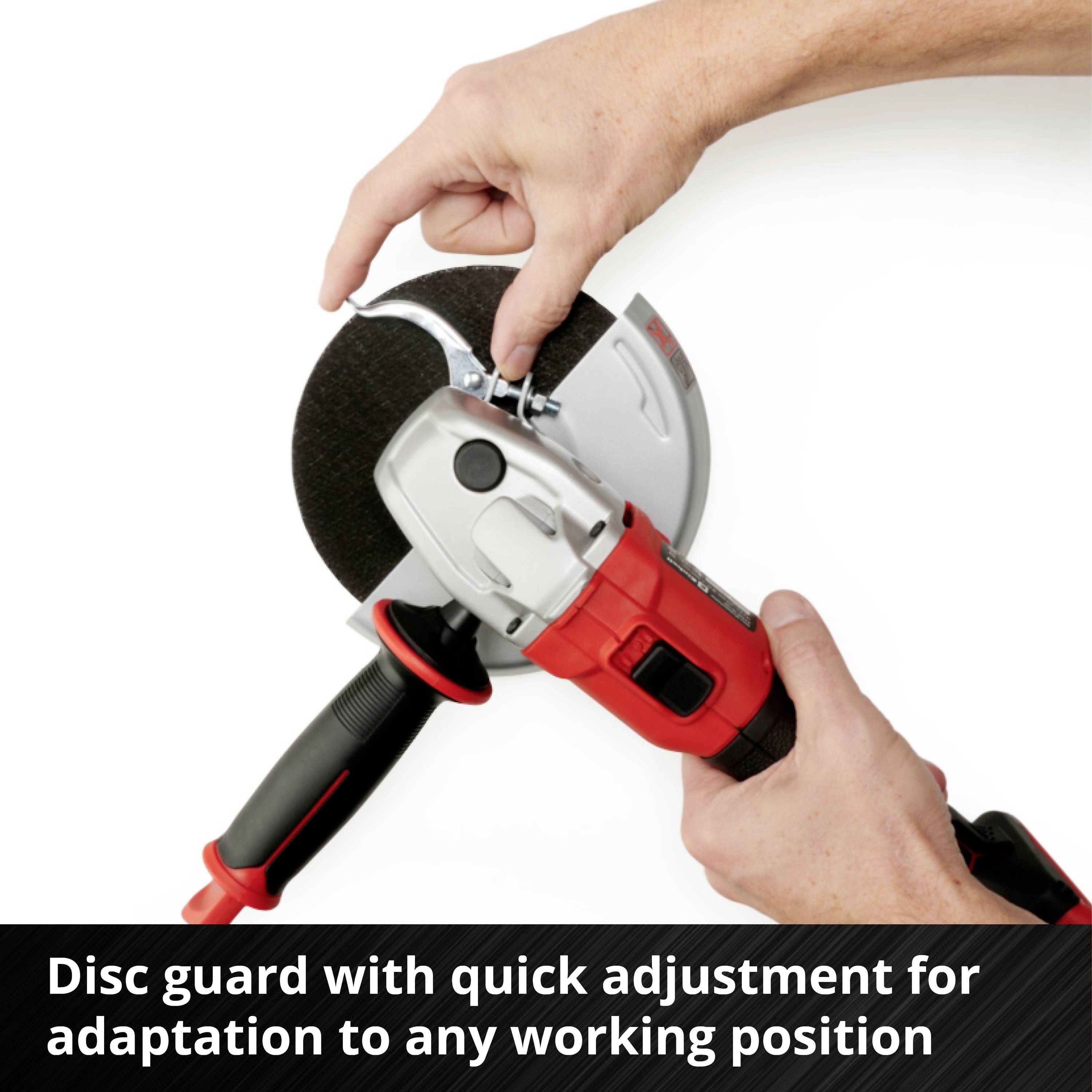 A hand is holding a grinding machine with a quick-adjustment mechanism. Text below: 'Disc guard with quick adjustment for adapting to any working position'.