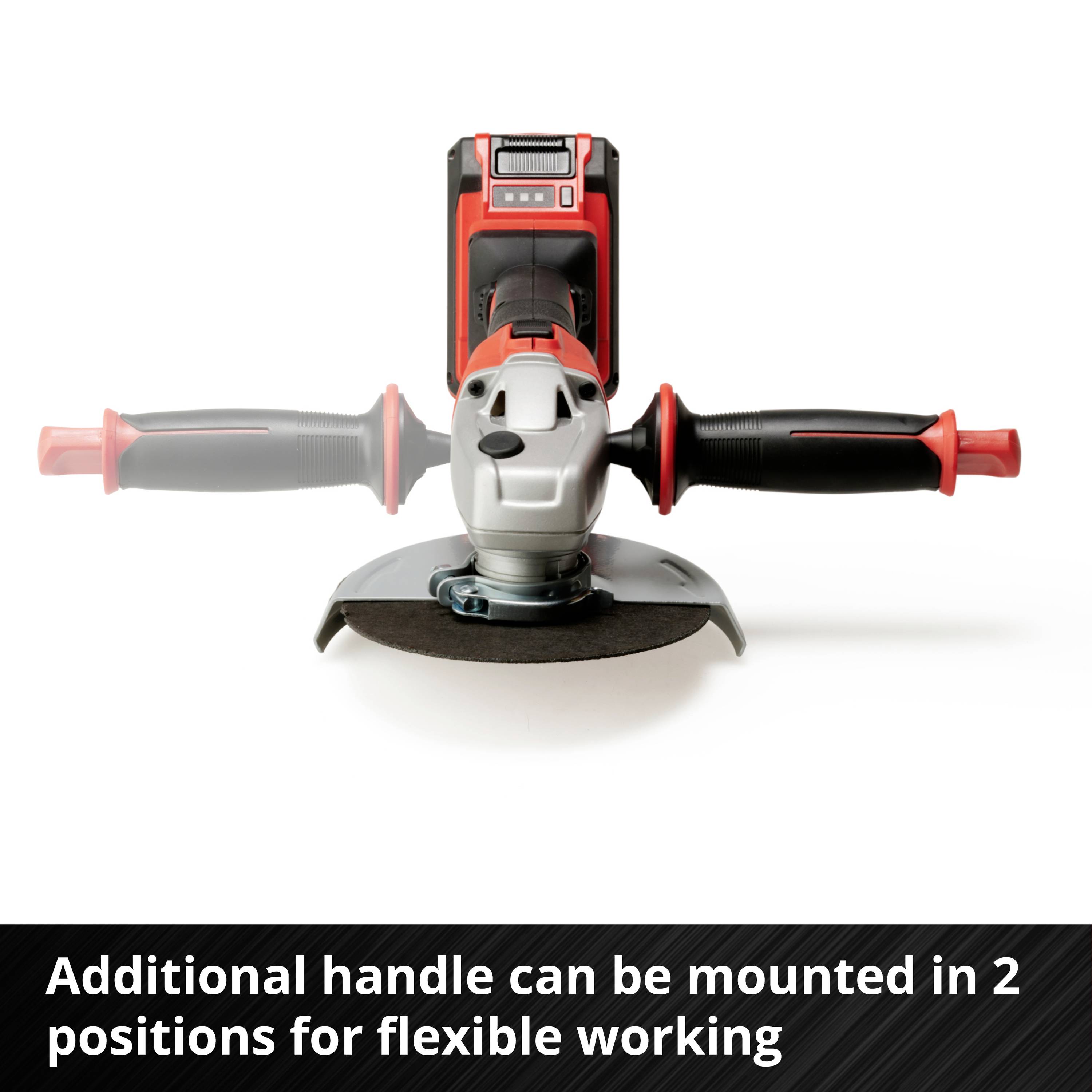Angle grinder with red handle and auxiliary handle. Text below: Auxiliary handle mountable in 2 positions for flexible working.
