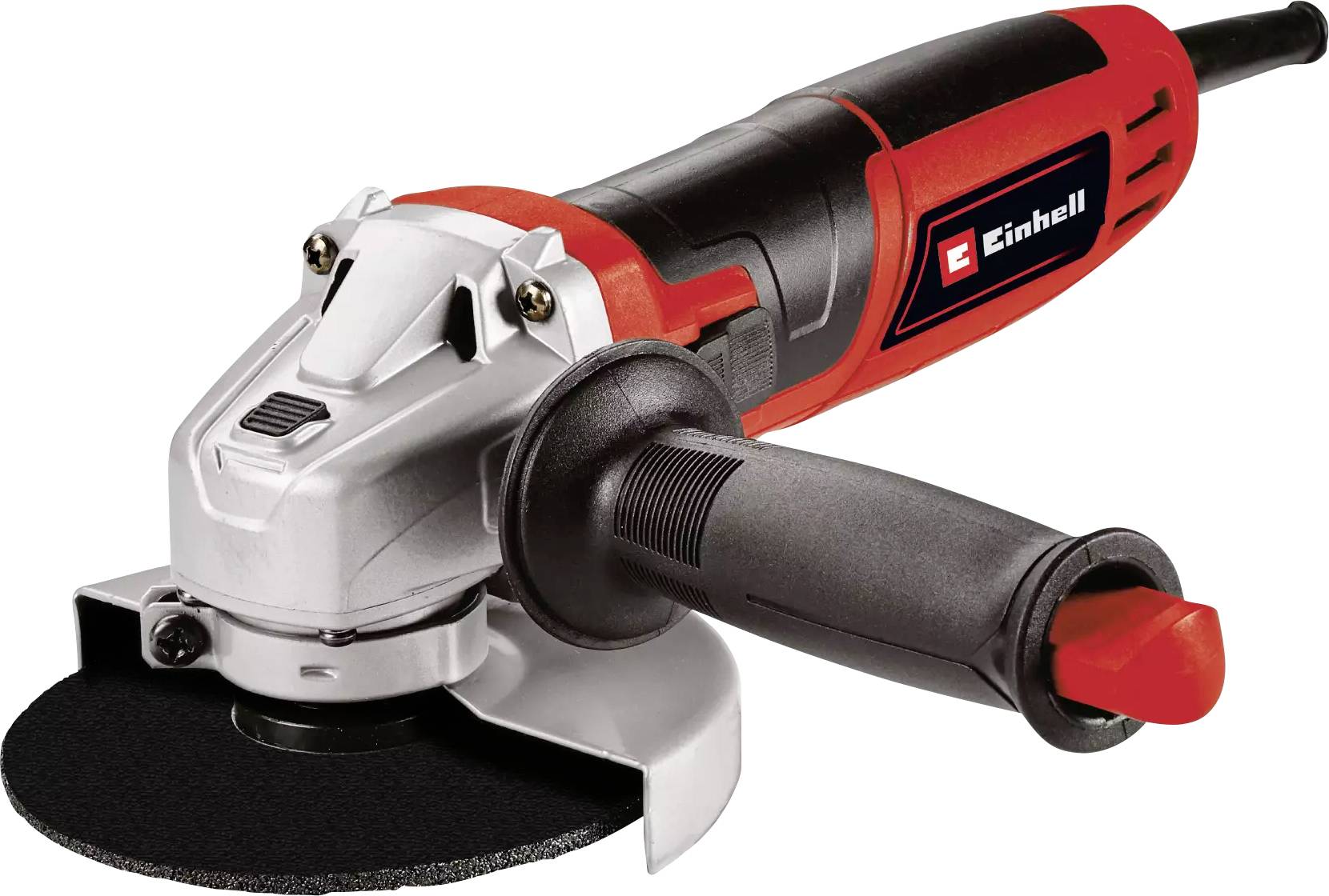 A red and black angle grinder with a side handle and power switch, designed for cutting and grinding materials.