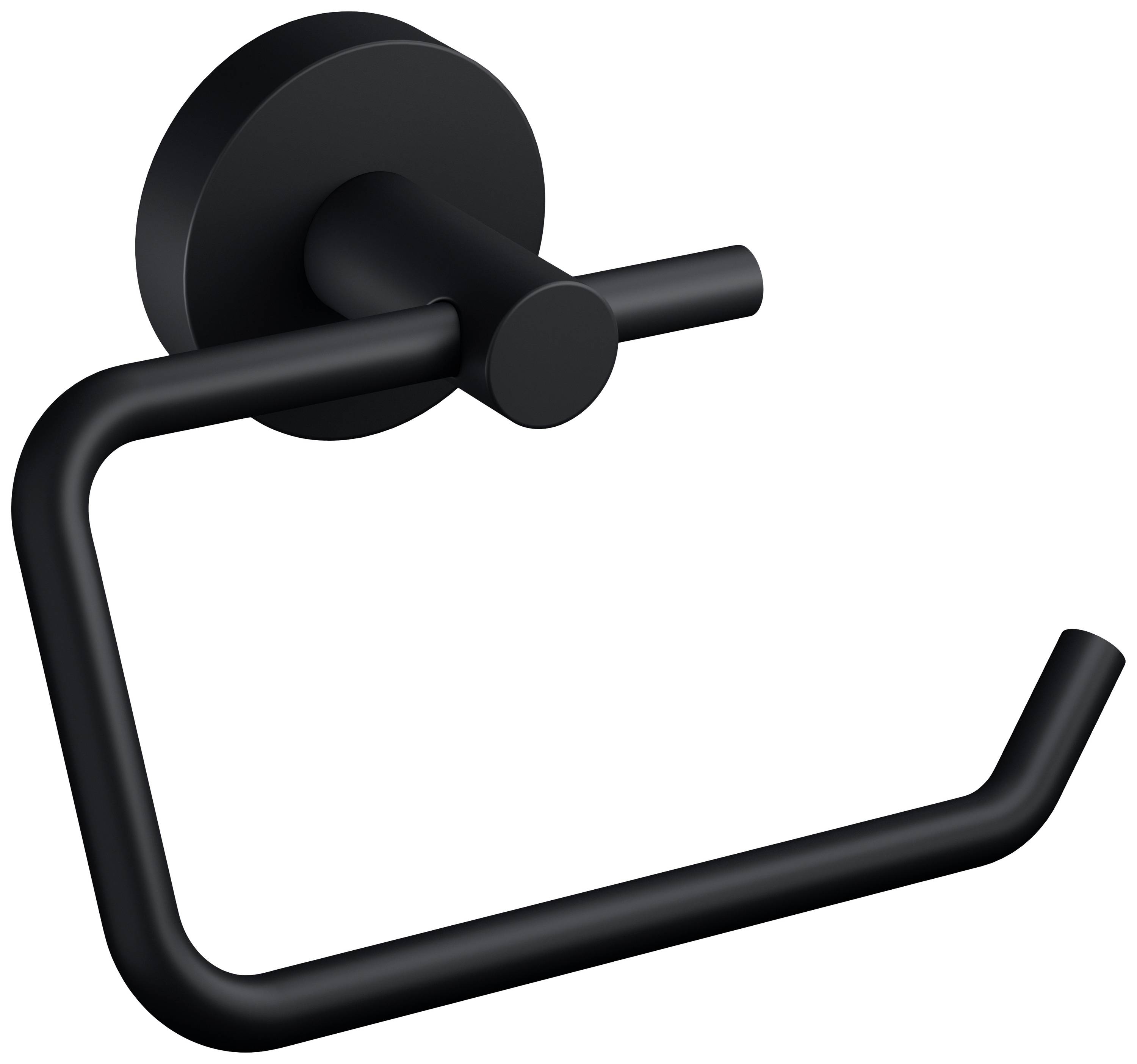Black metal toilet roll holder with an open design for wall mounting.