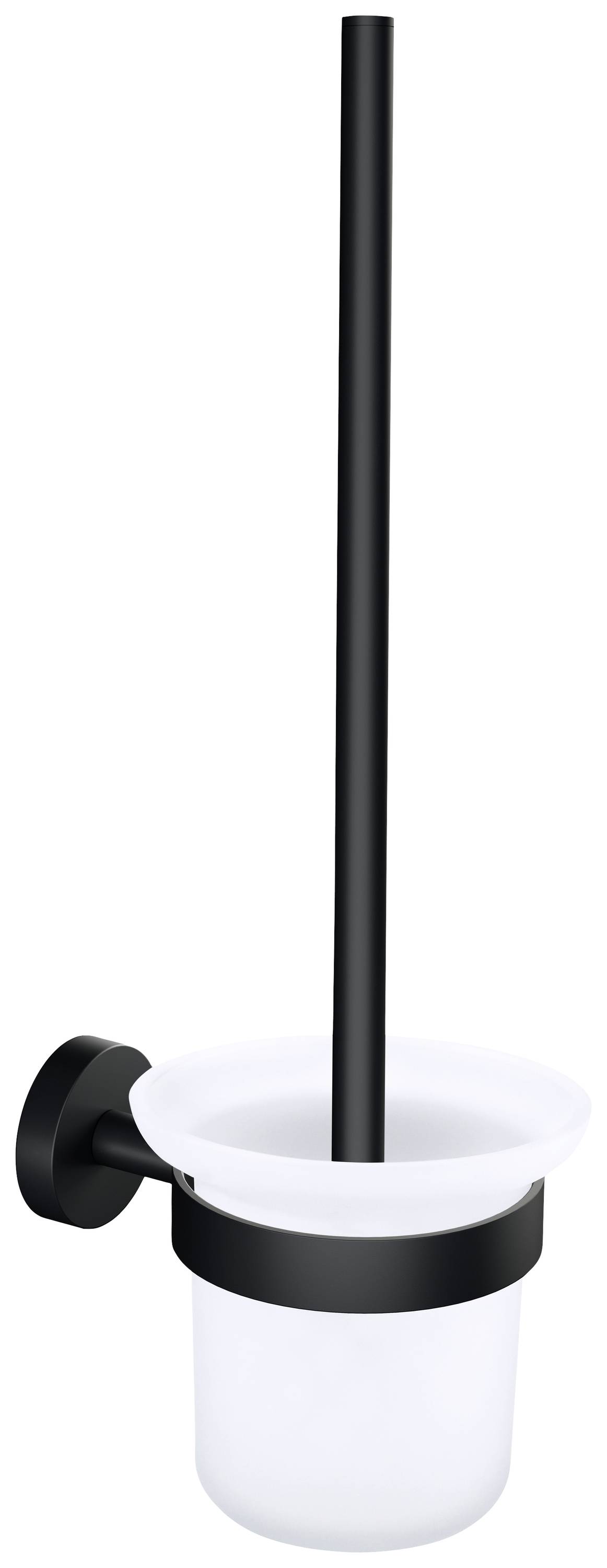 Black toilet brush with wall mount and white container, stylish and minimalist design, for hygienic cleaning.