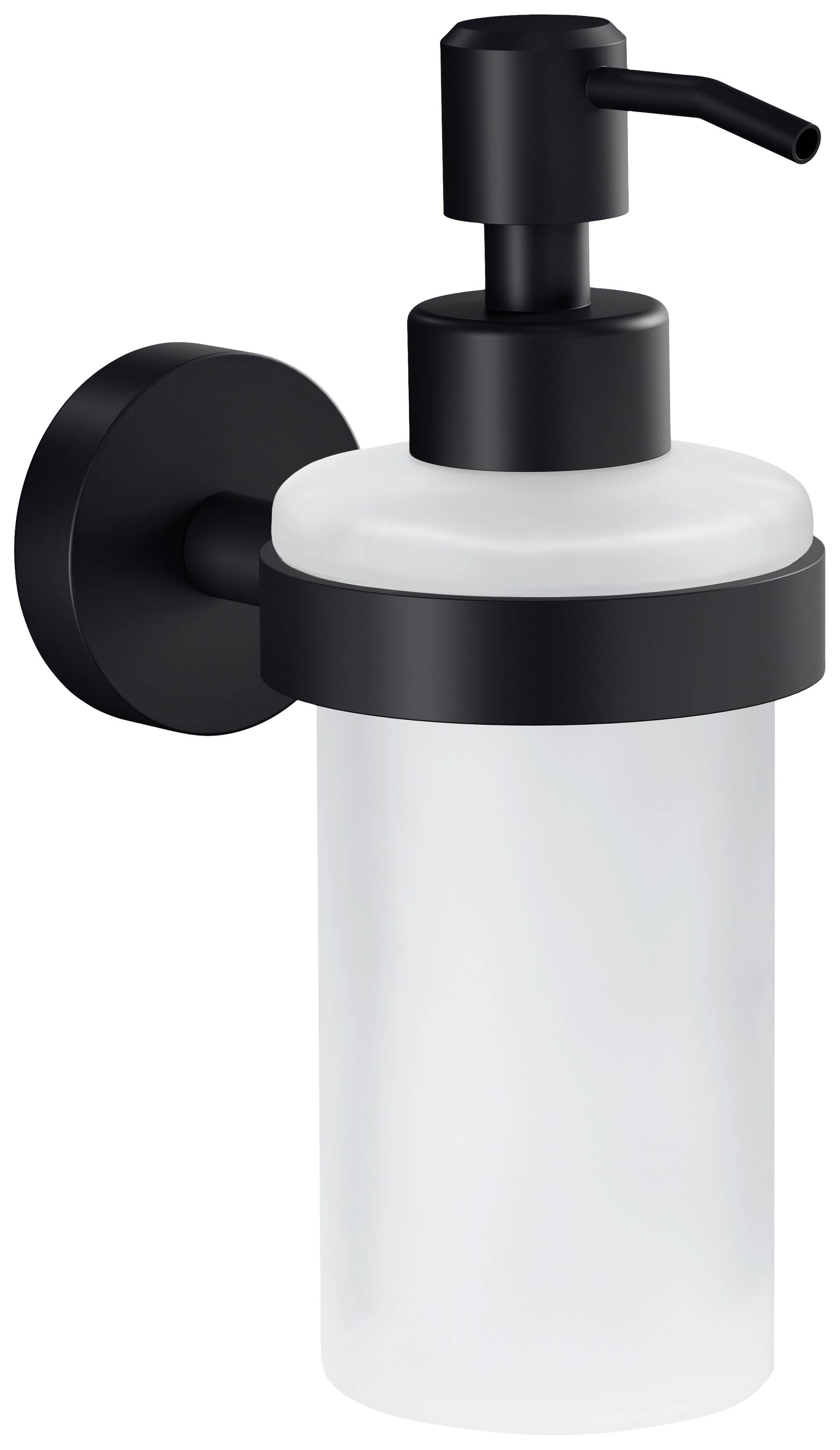 A black wall-mounted soap dispenser with a transparent bottle and pump system, suitable for bathrooms or kitchens.
