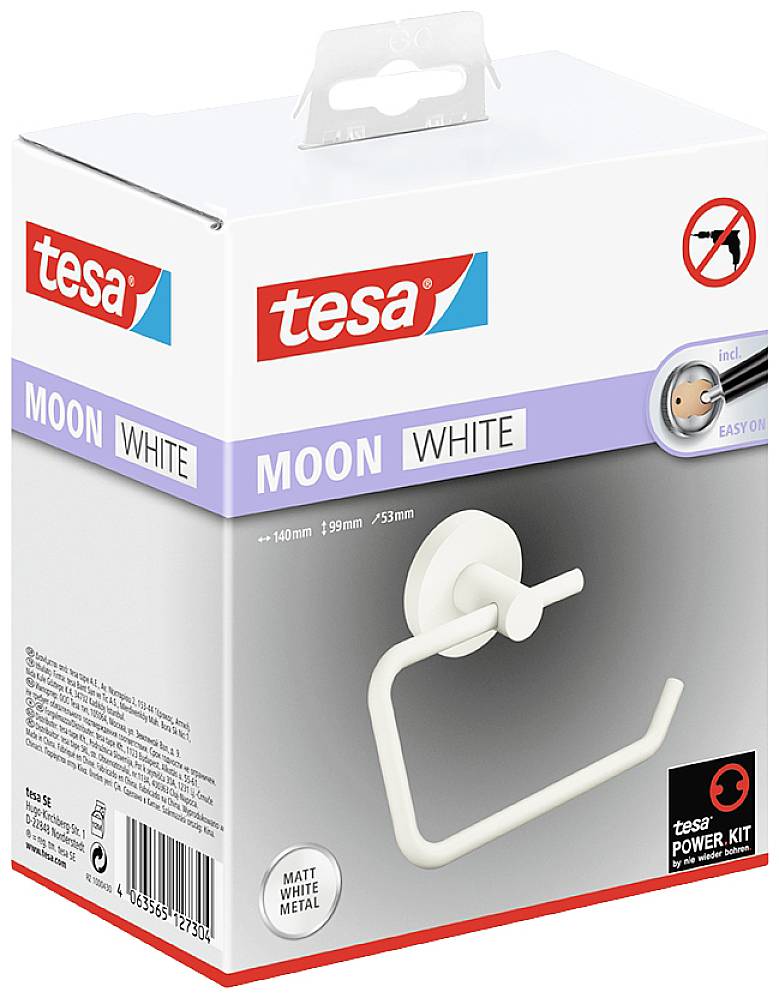 Packaging for a tesa Toilet Roll Holder 'Moon White', matt white metal, easy mounting without drilling.