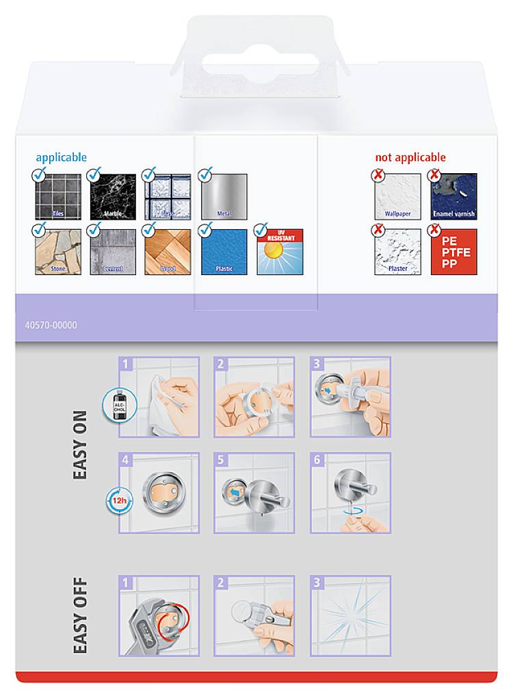 Step-by-step guide to correctly applying an adhesive hook: Clean the surface, attach the hook, release the hook.