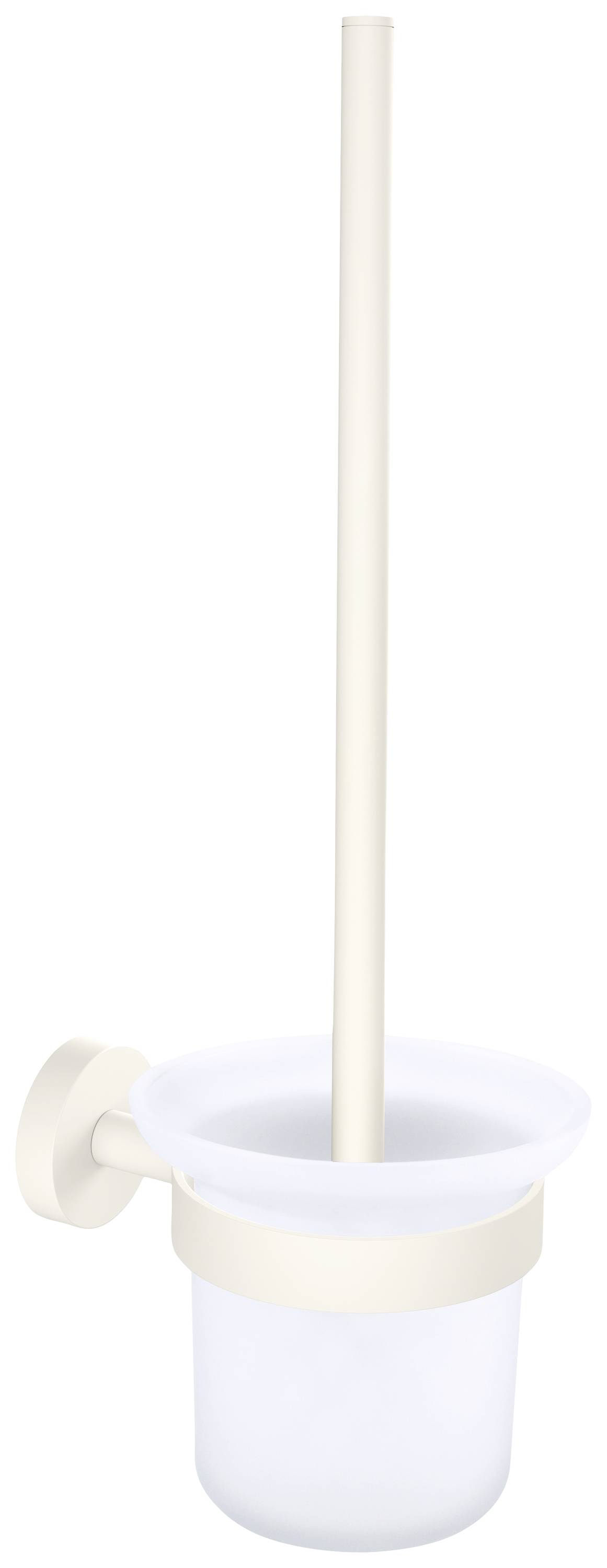 Beige toilet brush in its holder, mounted on the wall.