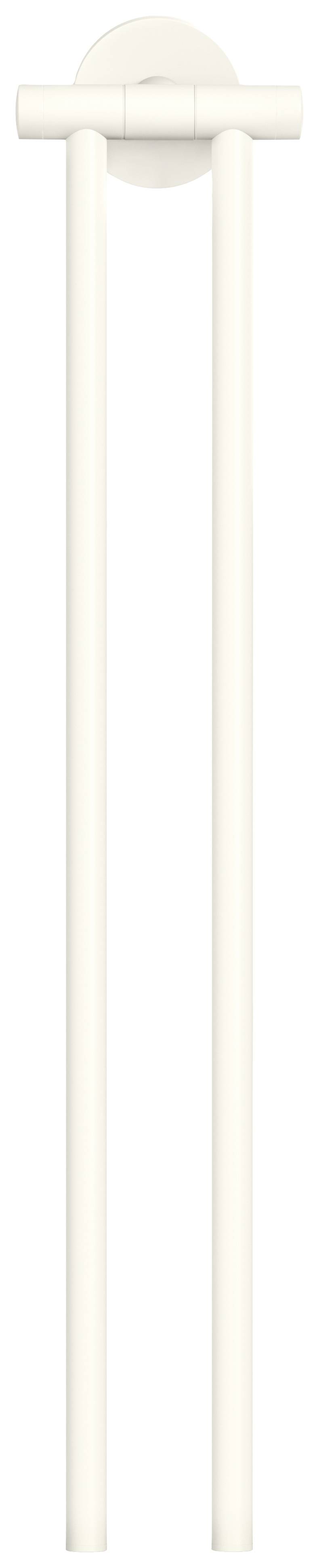 A white, vertical accessibility handrail mounted on a wall, consisting of two parallel bars connected at the top.