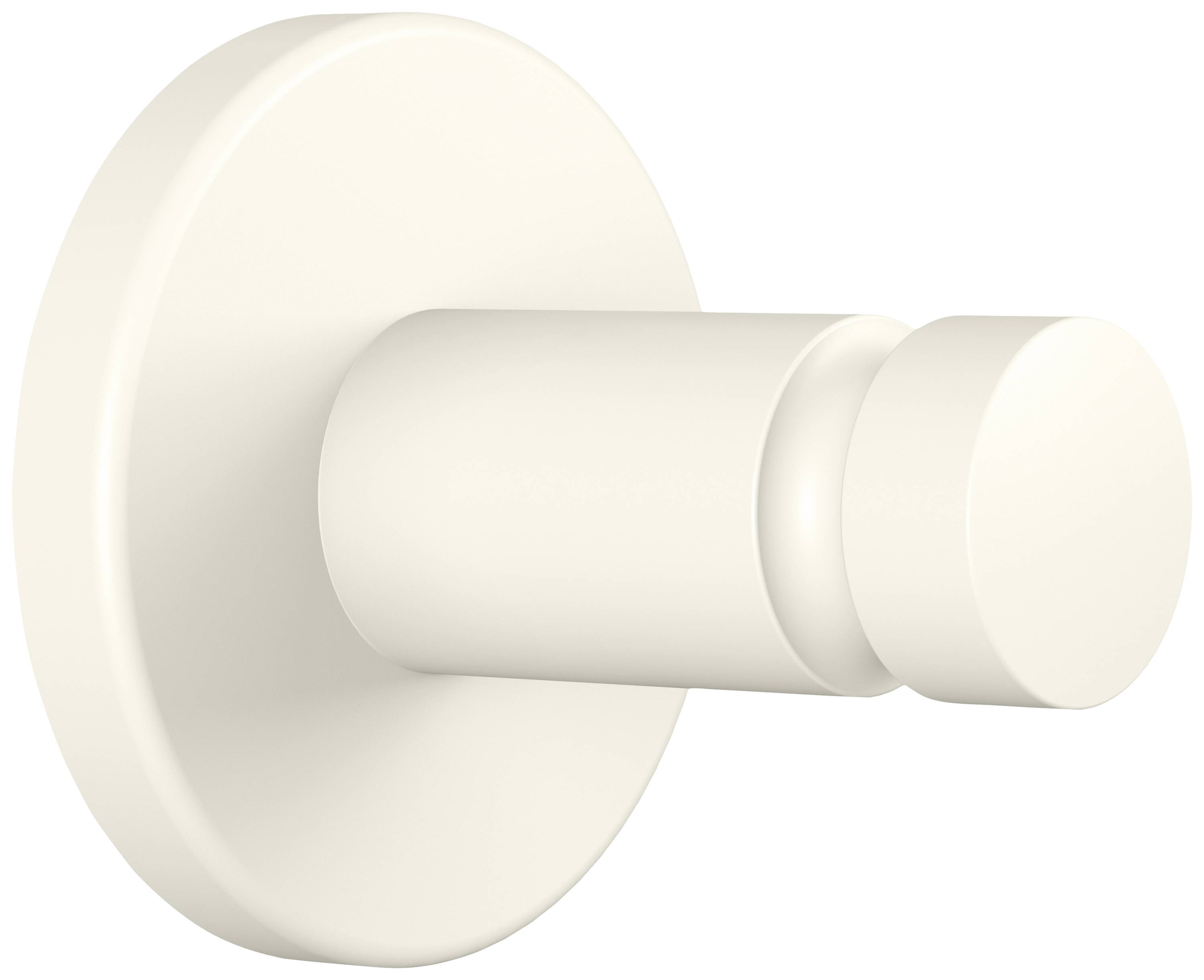 A white wall hook in cylindrical form, suitable for hanging items such as towels or clothing in bathrooms.