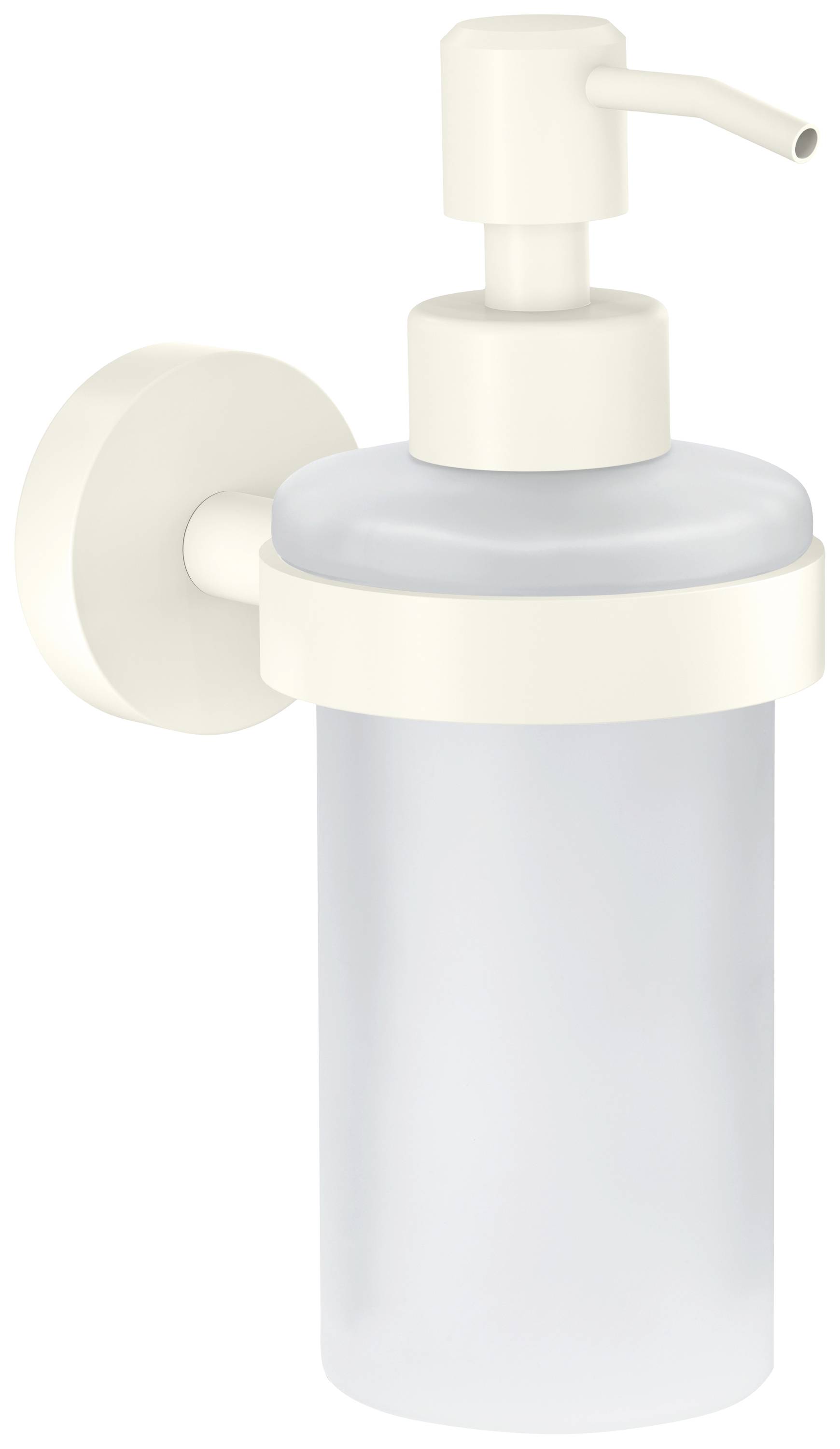 Wall-mounted soap dispenser with a white, slim design and transparent bottle.