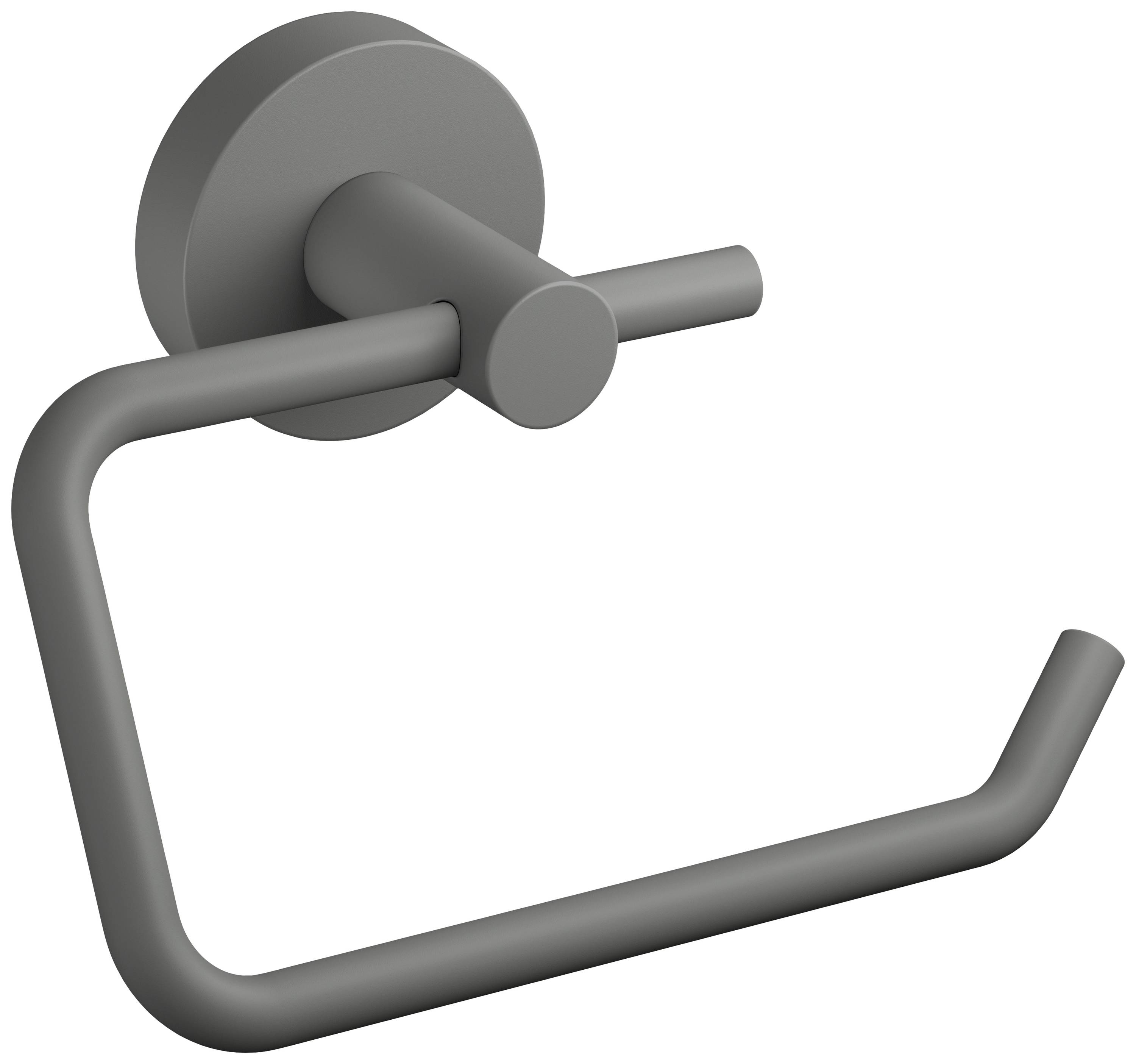 A grey metal toilet roll holder with a modern design, wall-mounted, without a toilet paper roll.