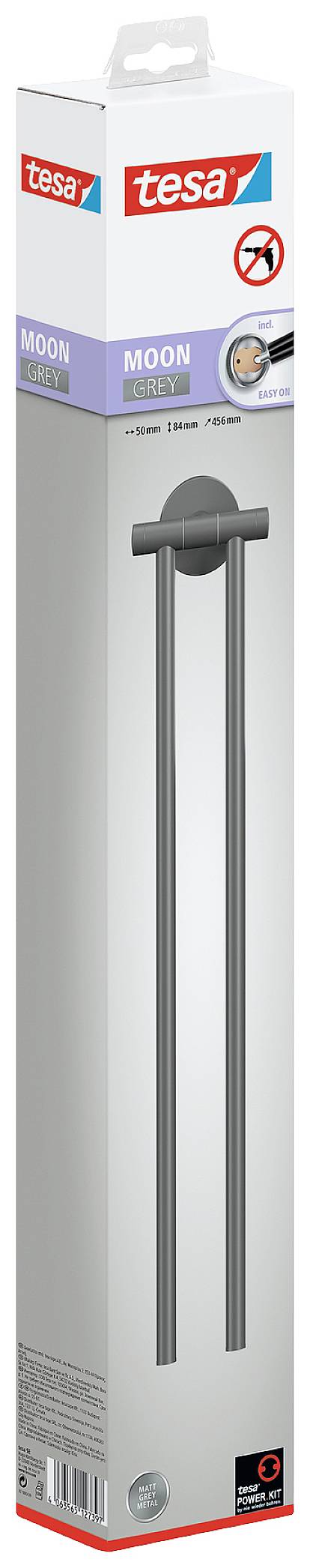 Packaging for a tesa 'MOON' towel holder, self-adhesive, made of stainless steel, no drilling required, shown. Suitable for bathrooms.