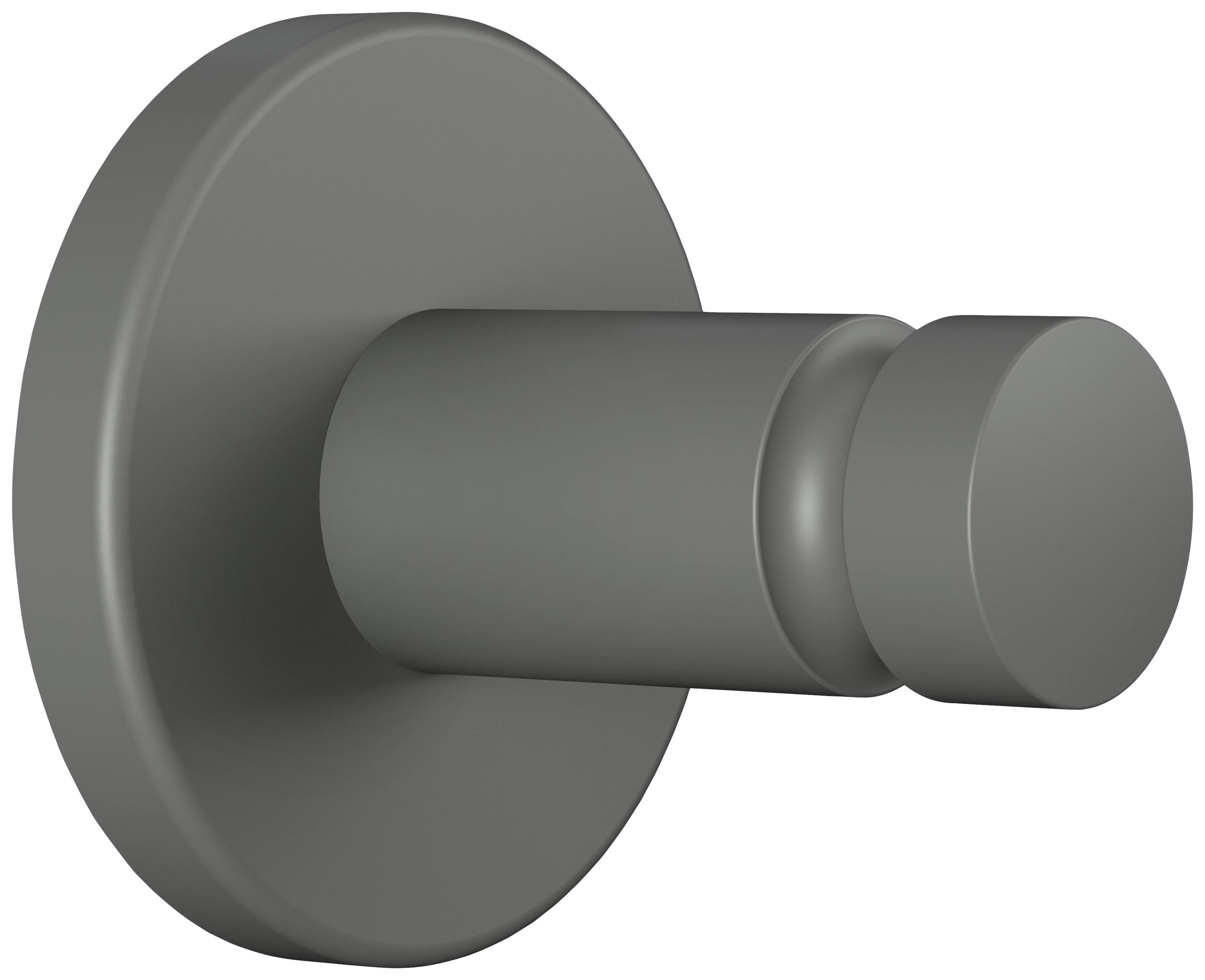 Black wall hook with a round base and cylindrical pin, suitable for hanging objects.