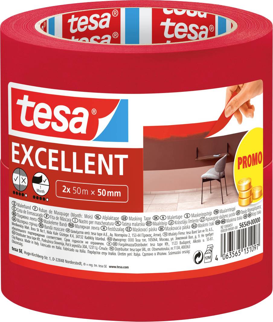 Red tape roll labeled 'tesa EXCELLENT', 2 rolls per pack, for painting and decorating. Includes product icons and promo tag.