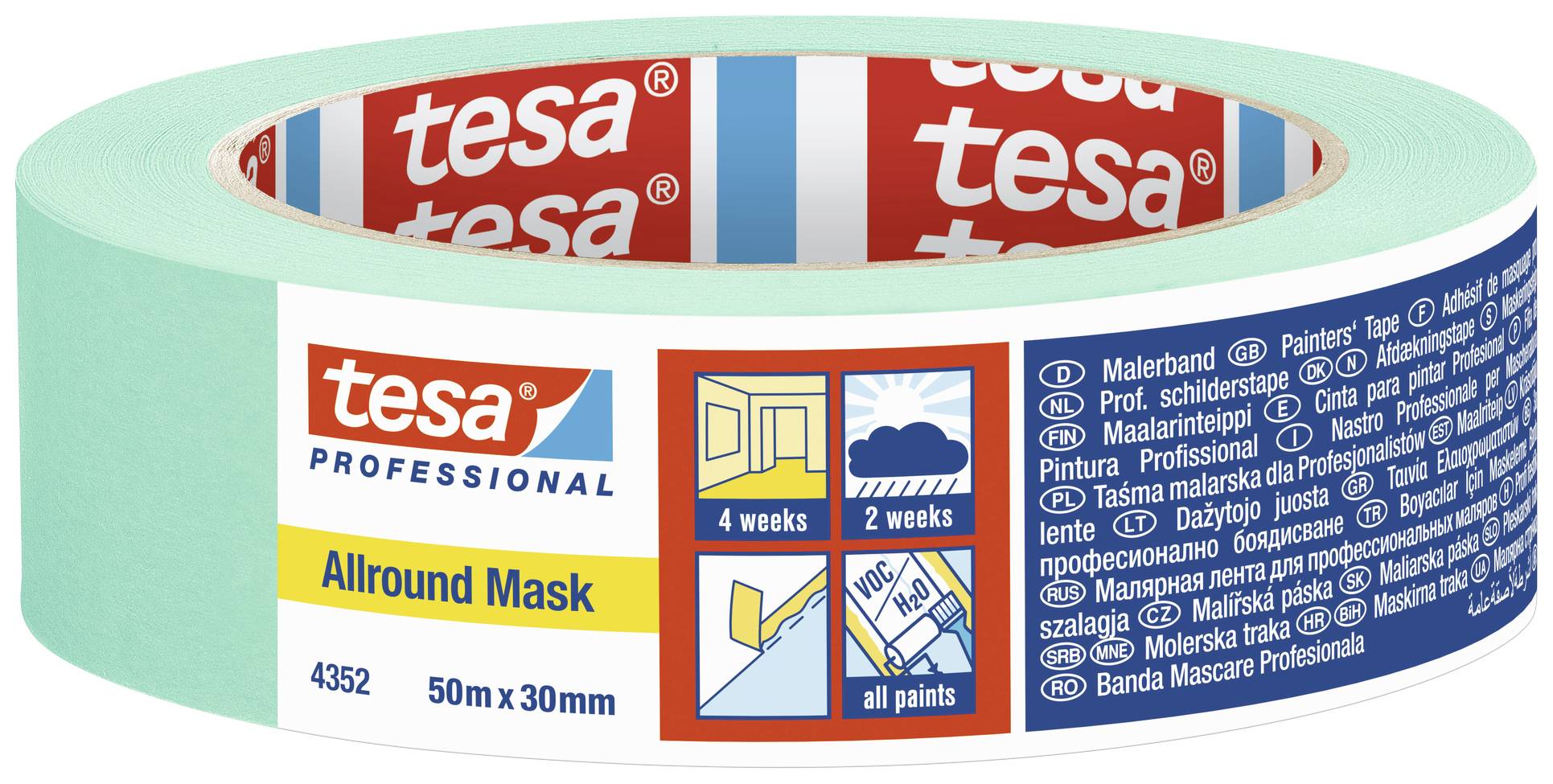 A roll of masking tape by tesa, 50m x 30mm, suitable for all colours. Labelling in multiple languages, printed in blue tones.