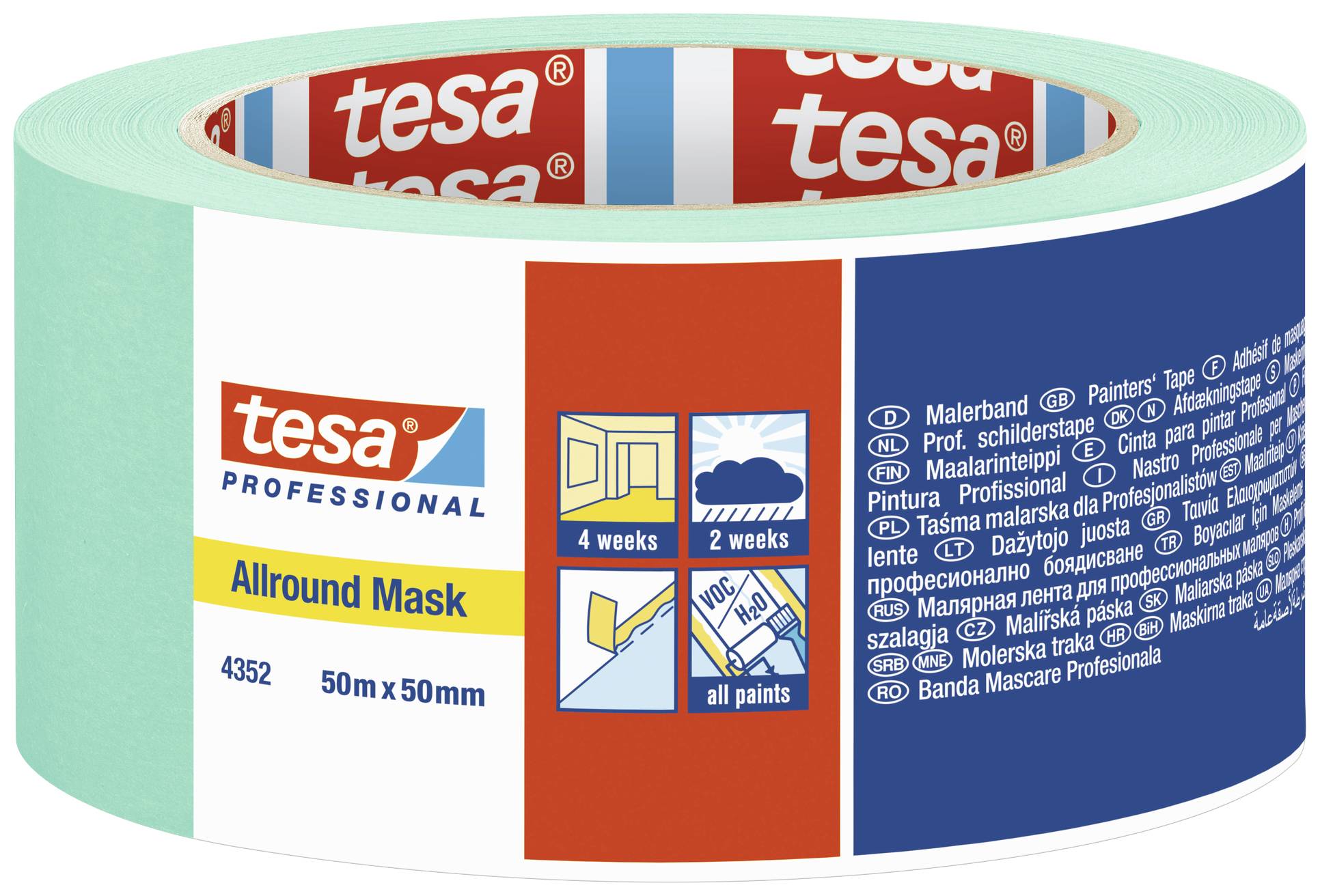 Roll of blue painter's masking tape with the inscription 'tesa Professional Allround Mask, 50m x 50mm', suitable for up to 4 weeks and all colours.