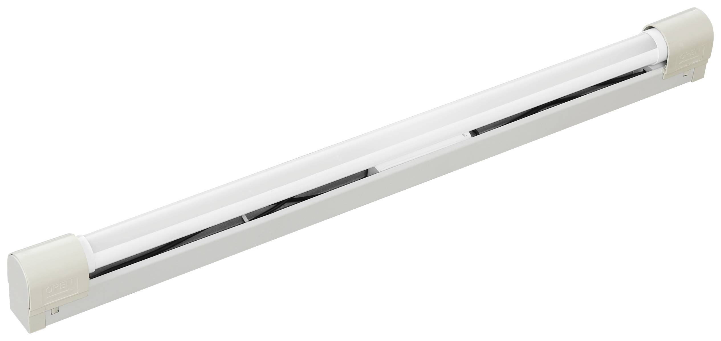 Long, white fluorescent tube with white end caps, horizontally positioned. It is frequently used for bright room lighting.