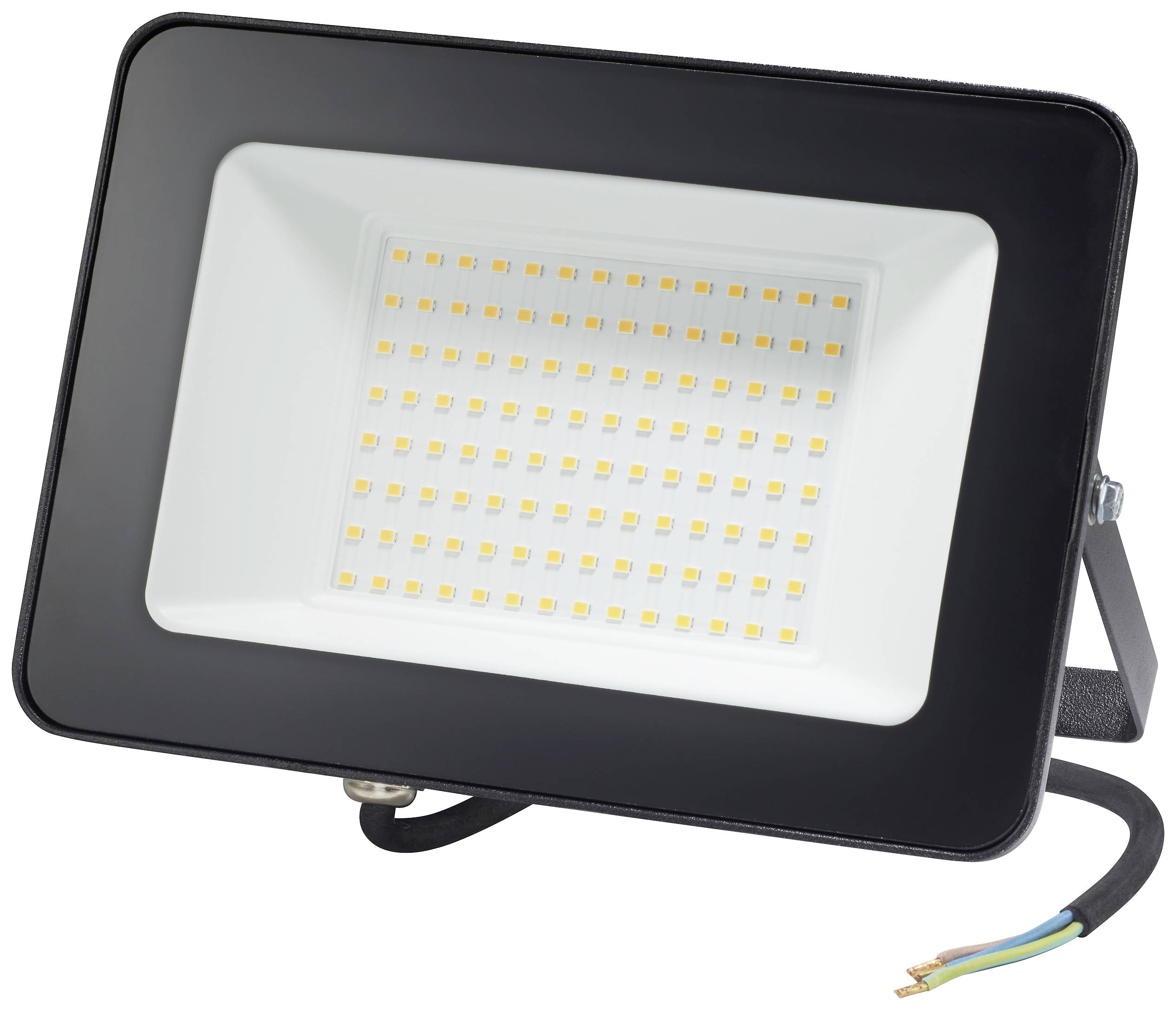 A rectangular LED floodlight with a black frame and numerous small, yellow LEDs. Suitable for outdoor lighting.