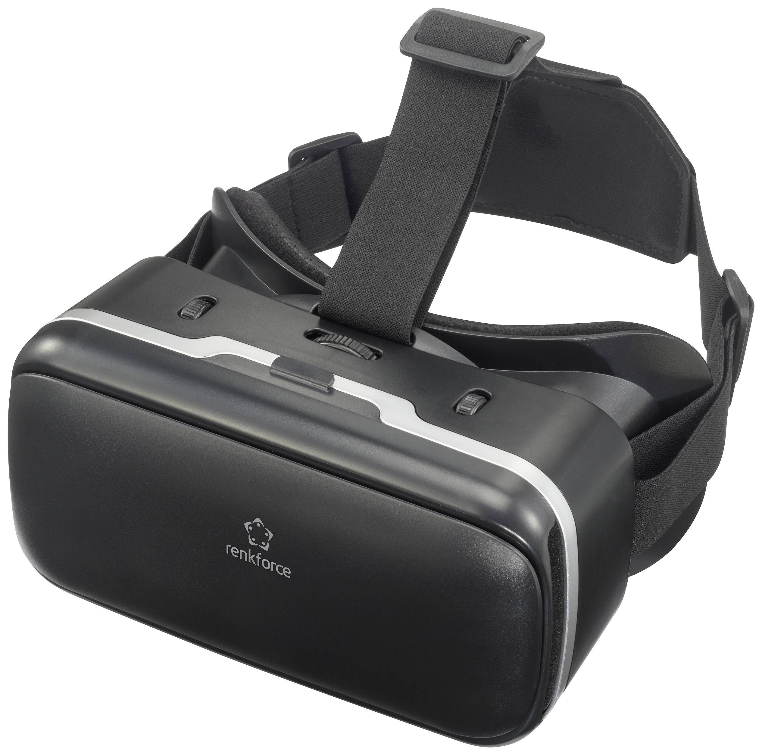 Black VR headset with adjustable headband and brand logo, suitable for virtual reality experiences and computer games.