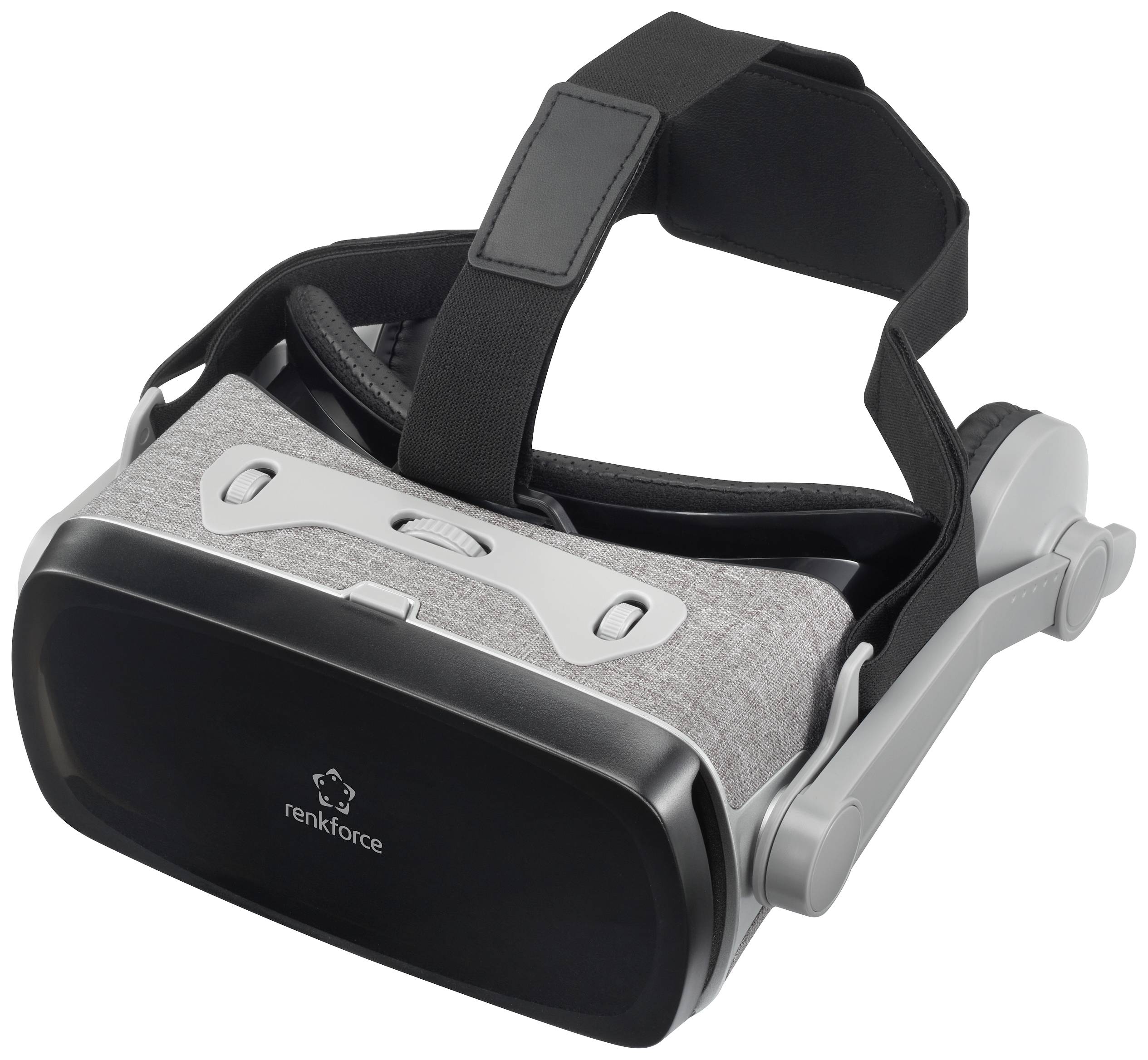 Virtual reality headset with a black visor and grey fabric covering. Adjustable head straps for secure fit.