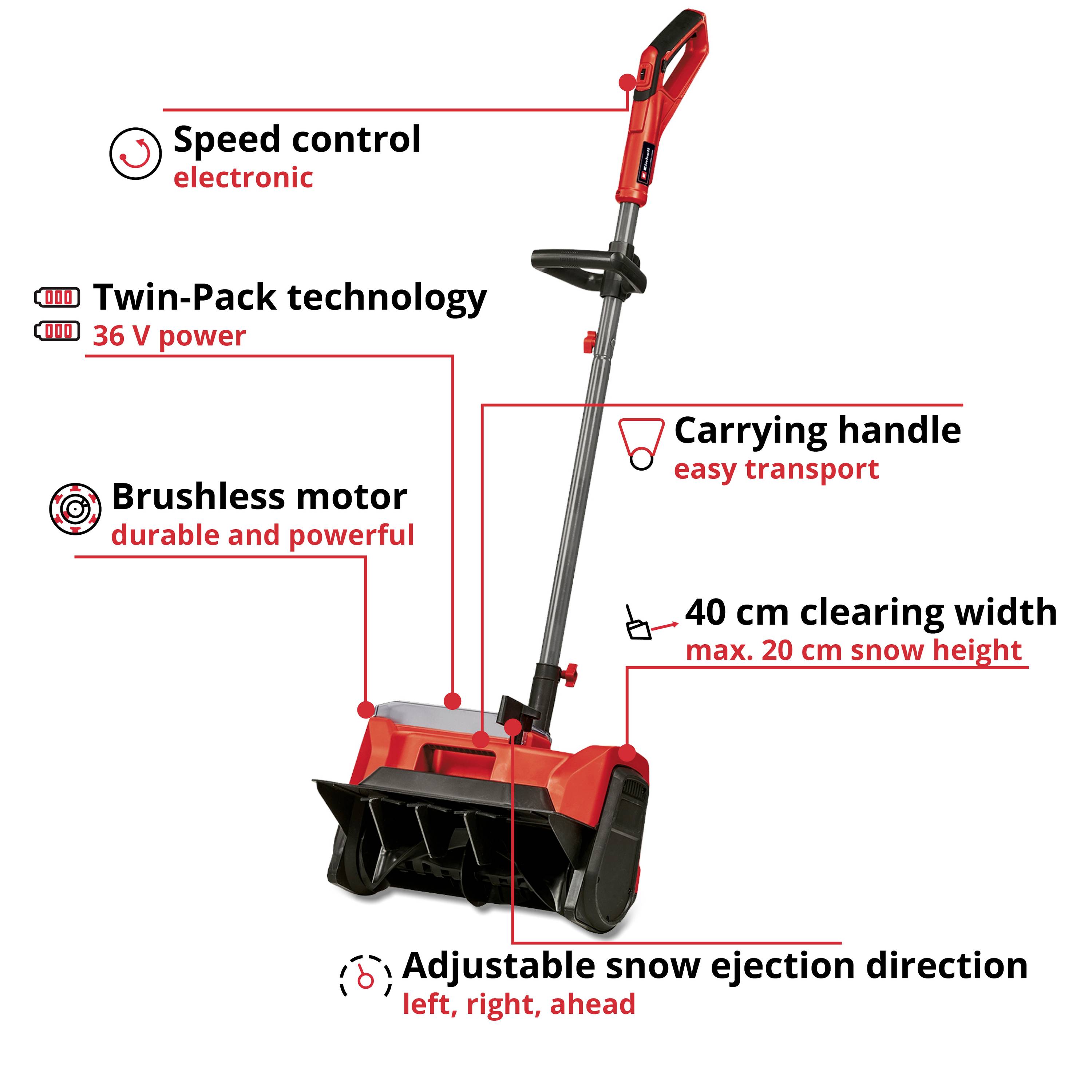 Electric snow blower with 36 V Twin-Power, brushless motor, 40 cm clearing width, speed control, carry handle and adjustable direction.
