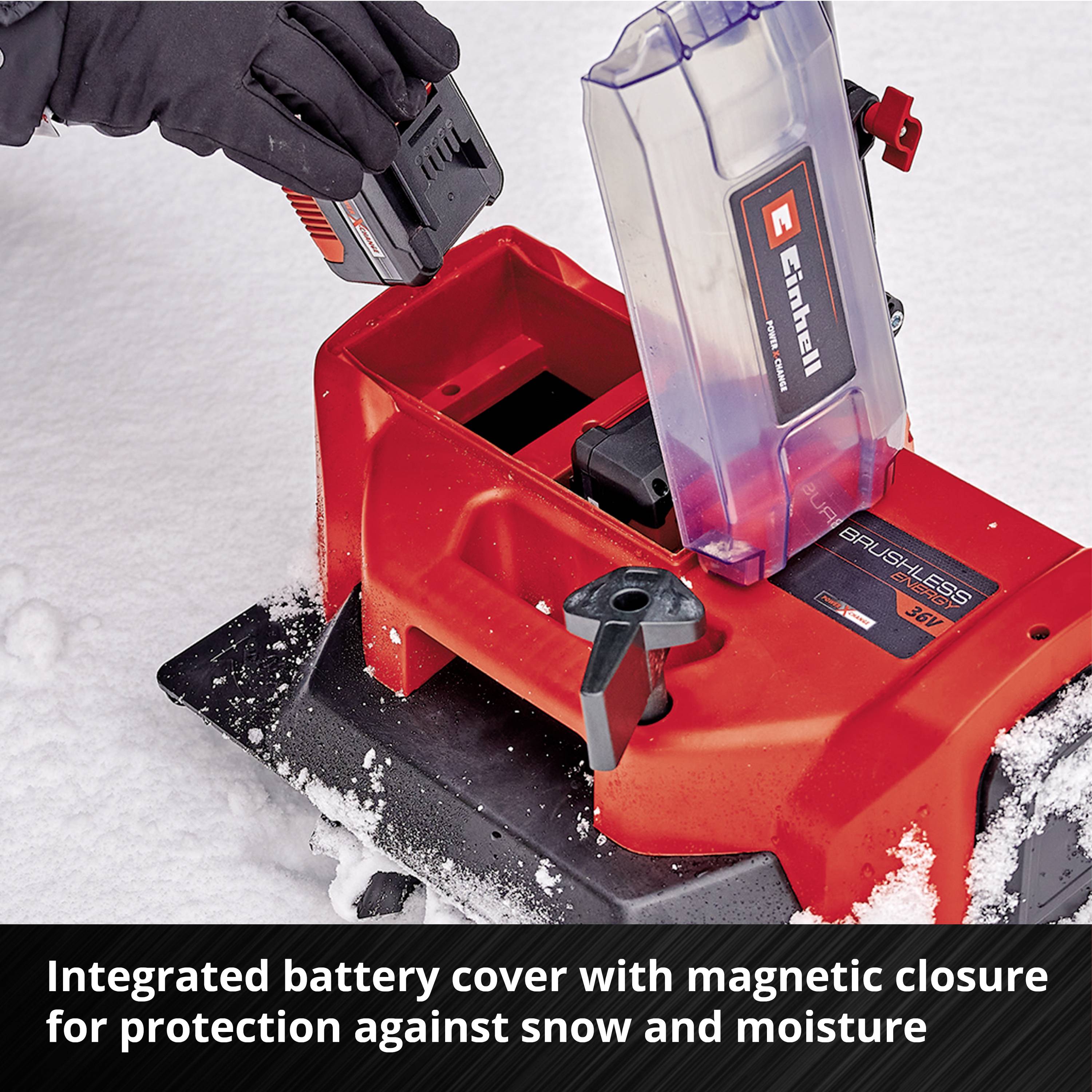 A device with an integrated battery cover system that provides protection against snow and moisture. A red lever is visible.