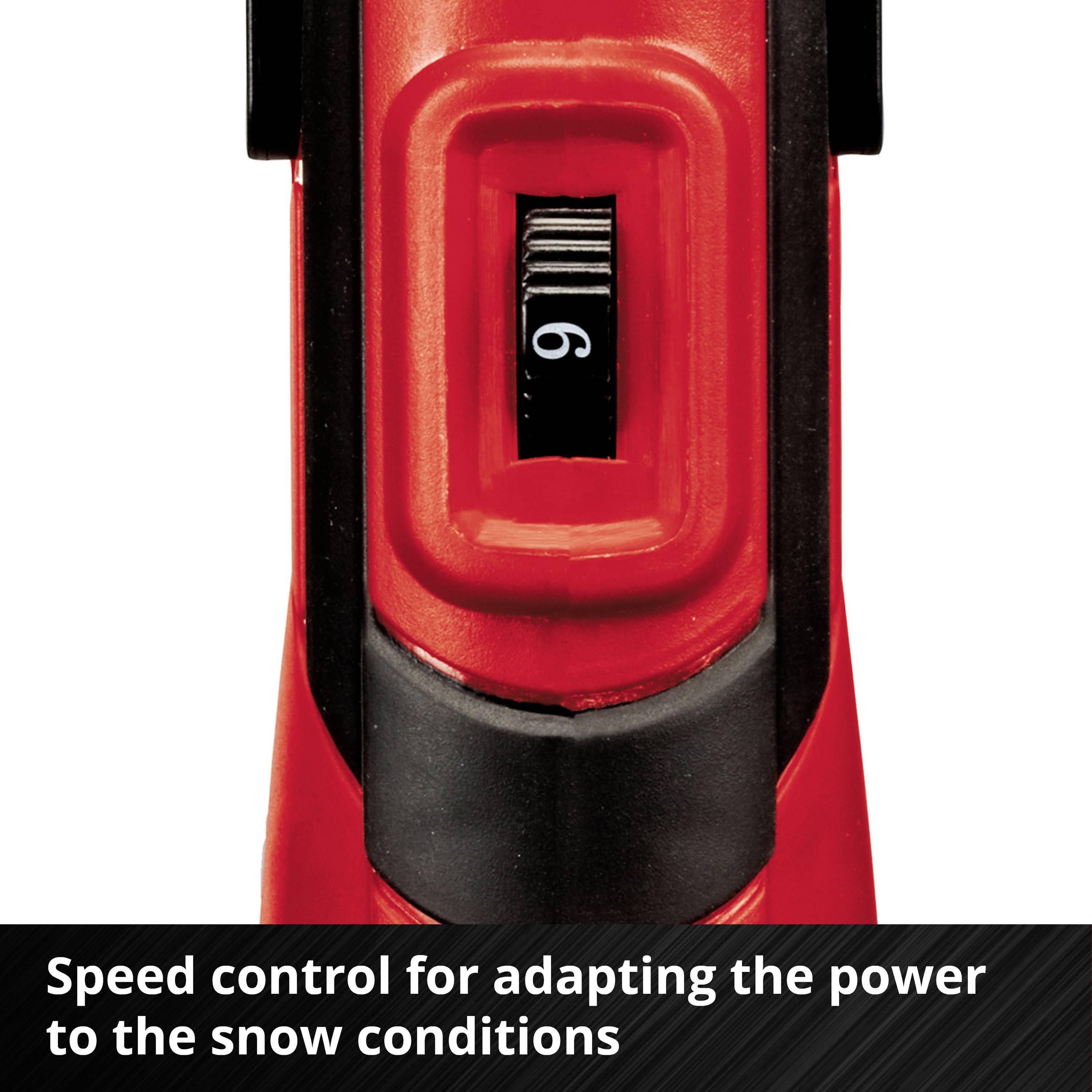 'Speed control for adapting performance to snow conditions' is the text on a red device with a scale.