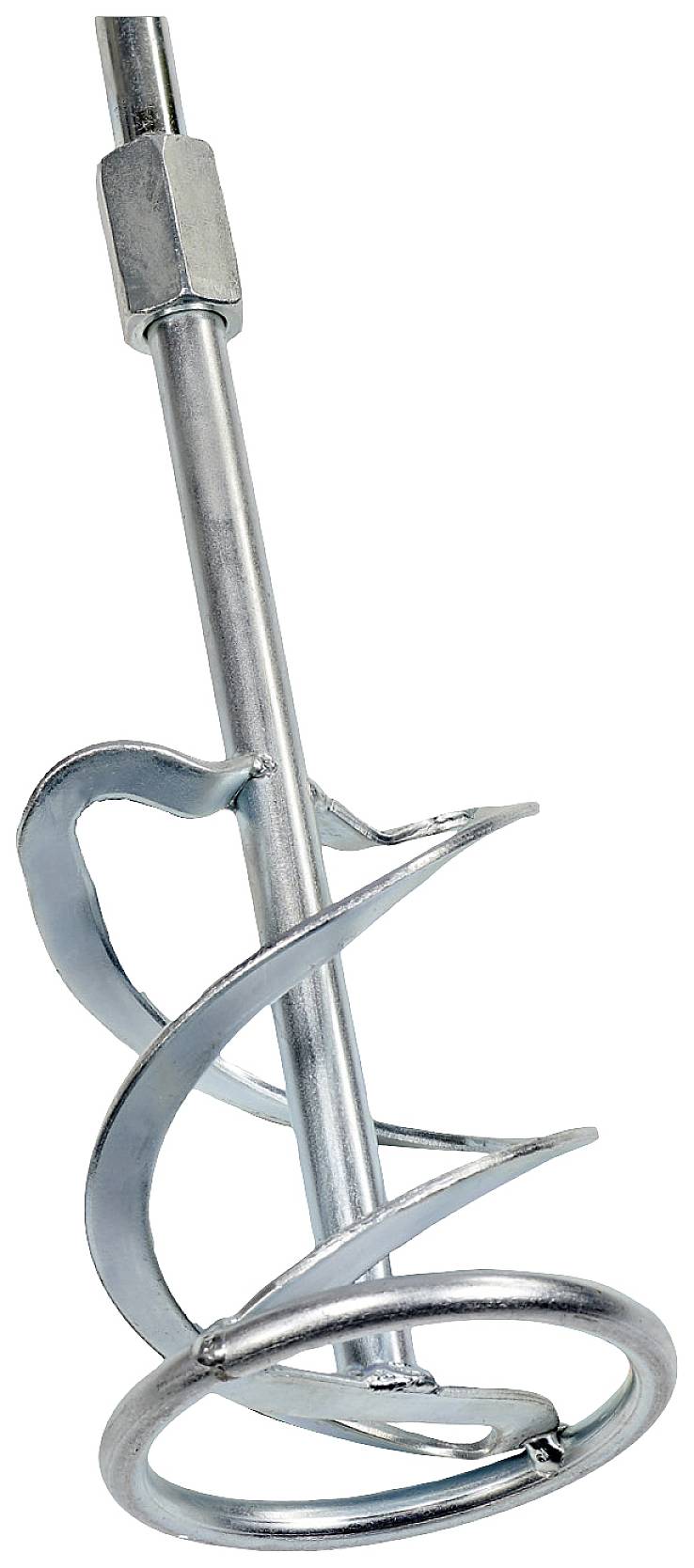 A silver mixing paddle with a spiral blade, typically used for mixing paints or construction materials, against a white background.