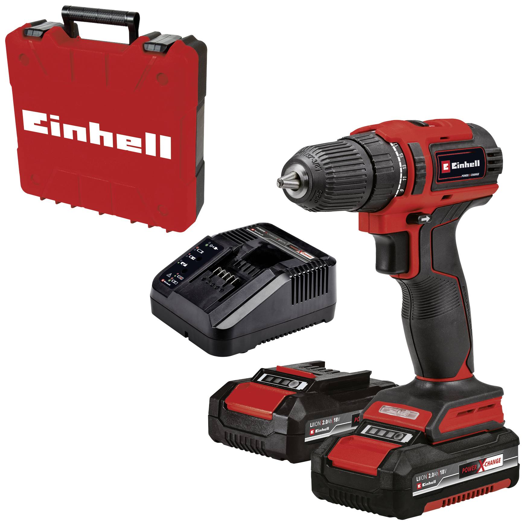 Cordless Drill Set with charger, two batteries and red carry case by Einhell. Perfect for drilling and screwdriving tasks.
