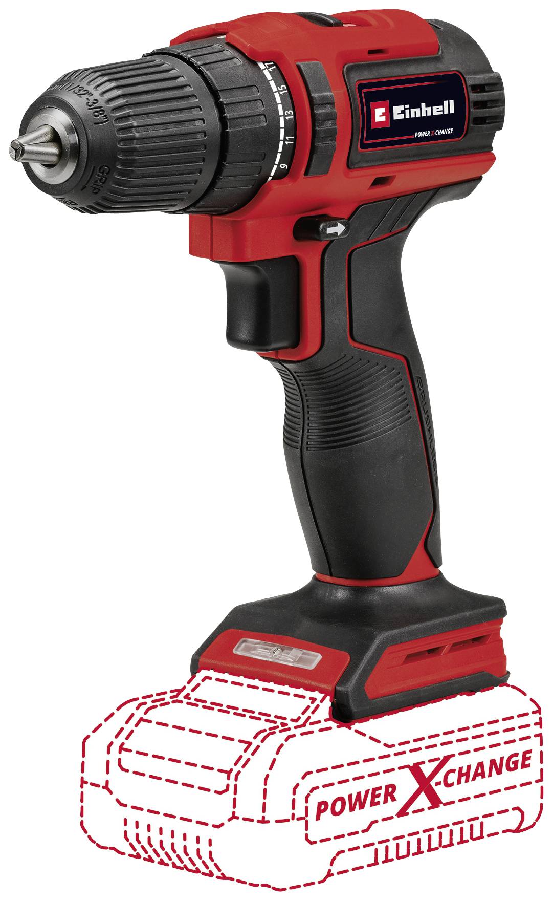 A cordless drill in red and black, with an empty battery slot, advertised as part of the 'Power X-Change' series.