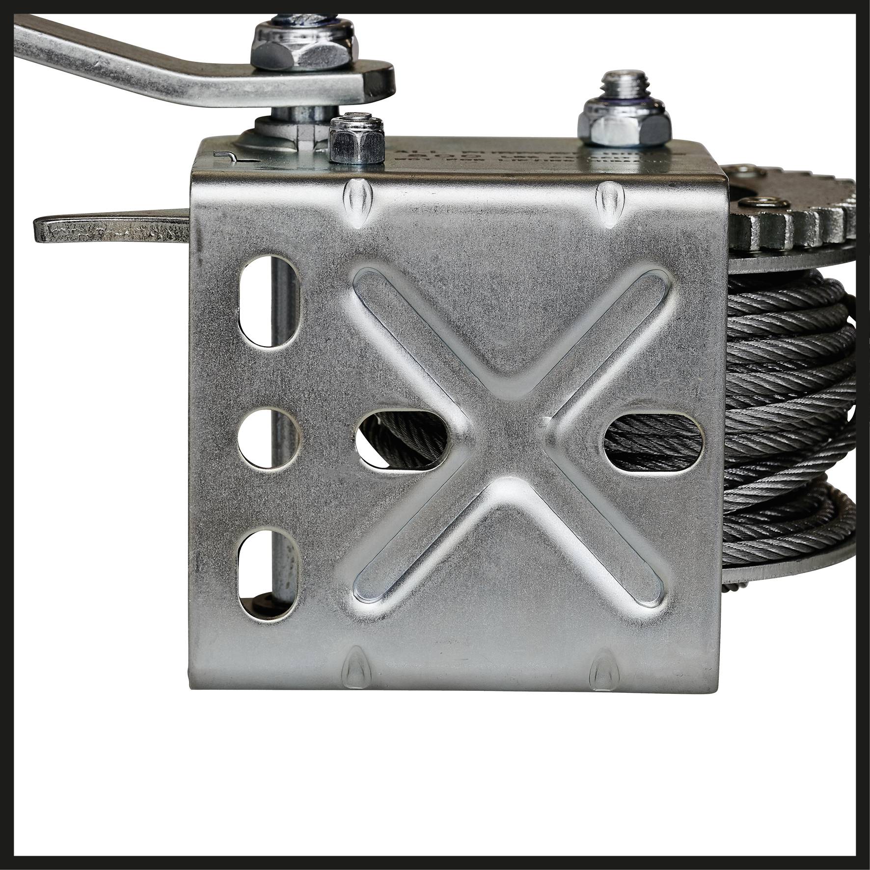 A silver, metallic winch with a crank handle, rope, and mounting points. Used to assist with lifting operations.