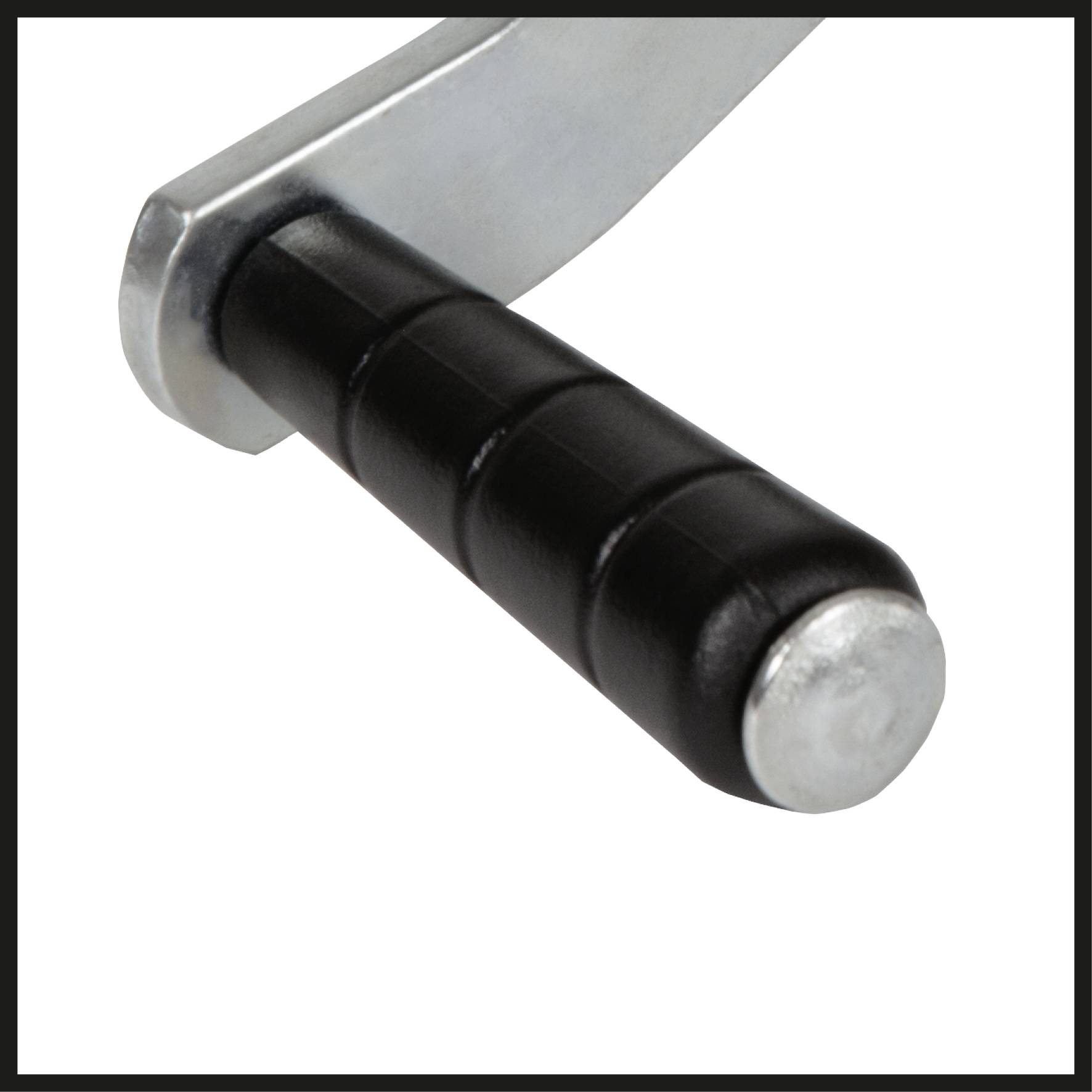 A black, ribbed handle on a silver lever. The handle is cylindrical and used for manually operating the lever.