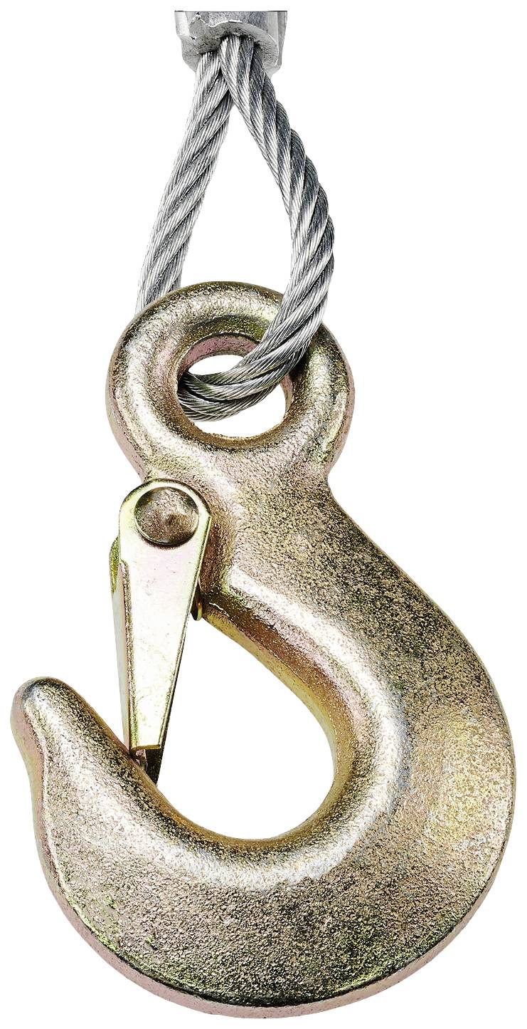Hook attached to a steel cable, typically used for lifting operations in construction or industrial sectors.