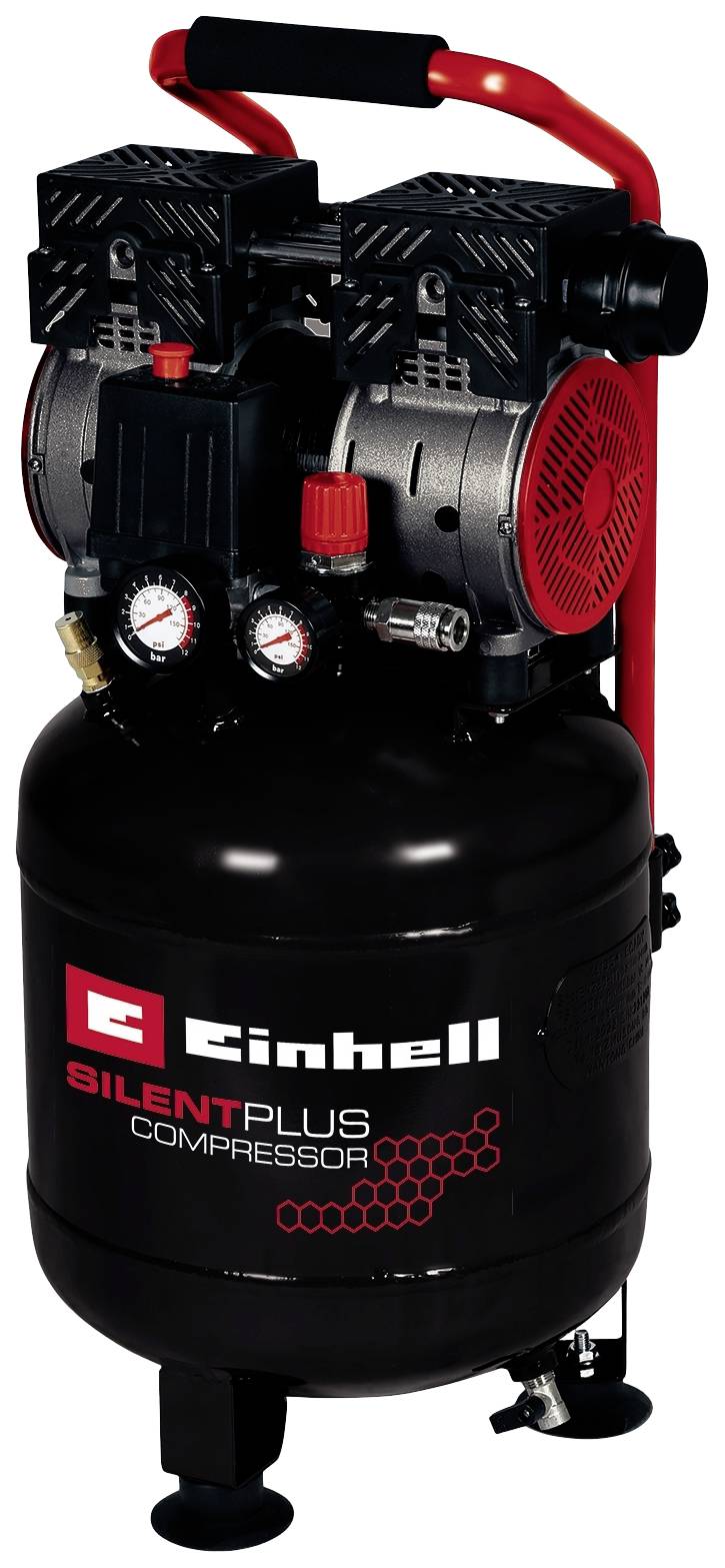 Black 'Silent Plus Compressor' by Einhell with two pressure gauges, red handle and red component on top; compact and portable.