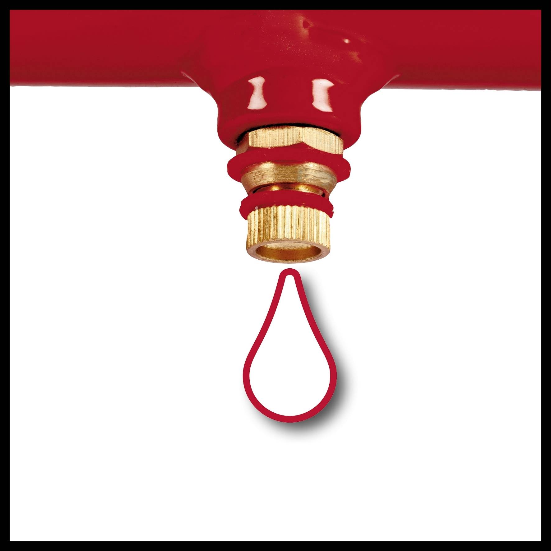 A red pipe with a golden valve, from which a single red droplet falls, indicating a potential leak.
